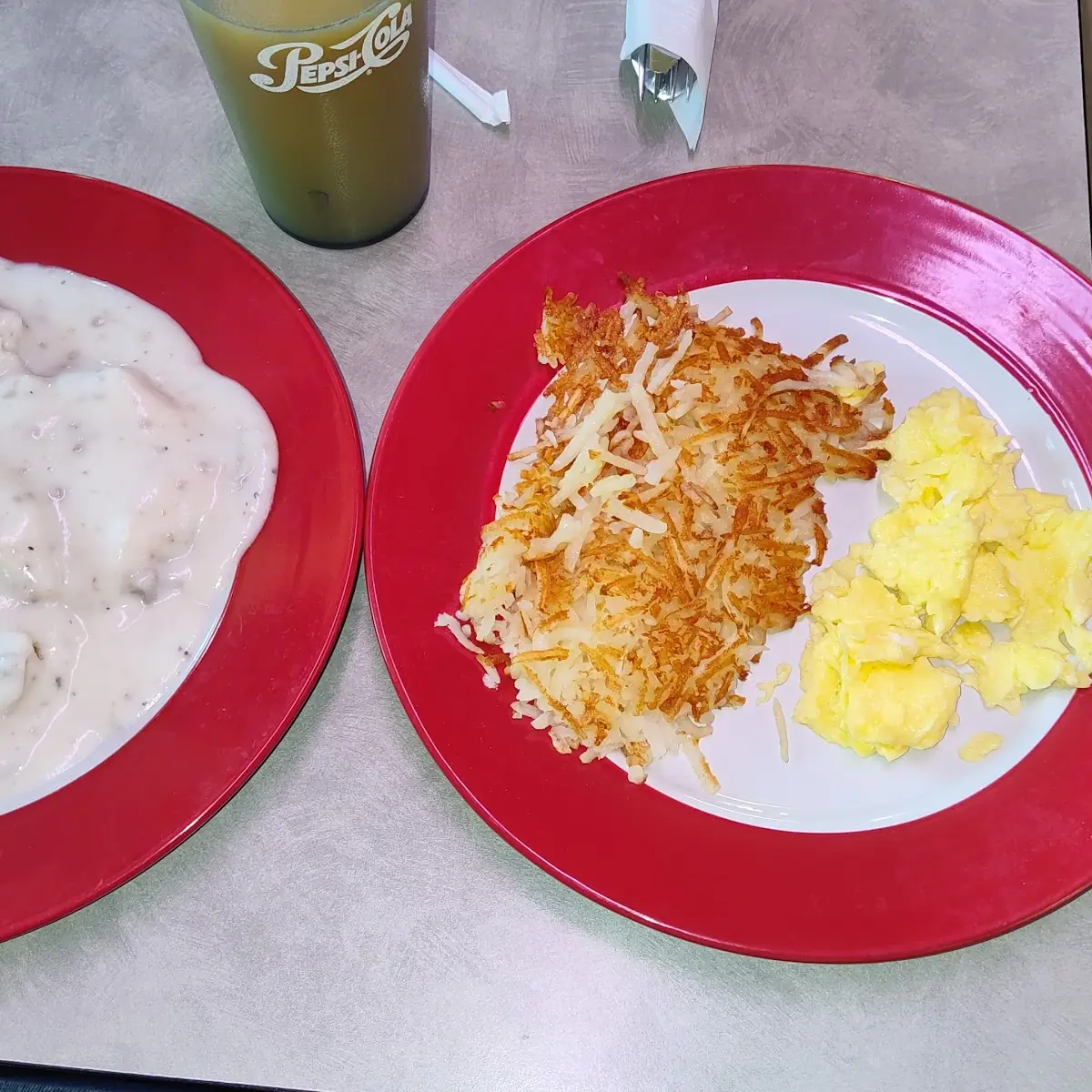 Biscuits and Gravy with Hash Browns and Scramble Eggs