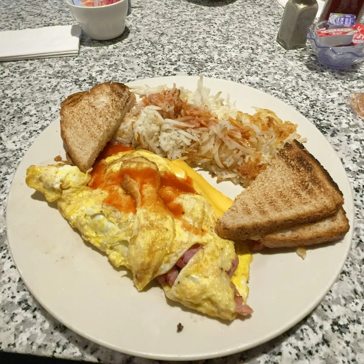 Omelette and Hash Browns with Toast