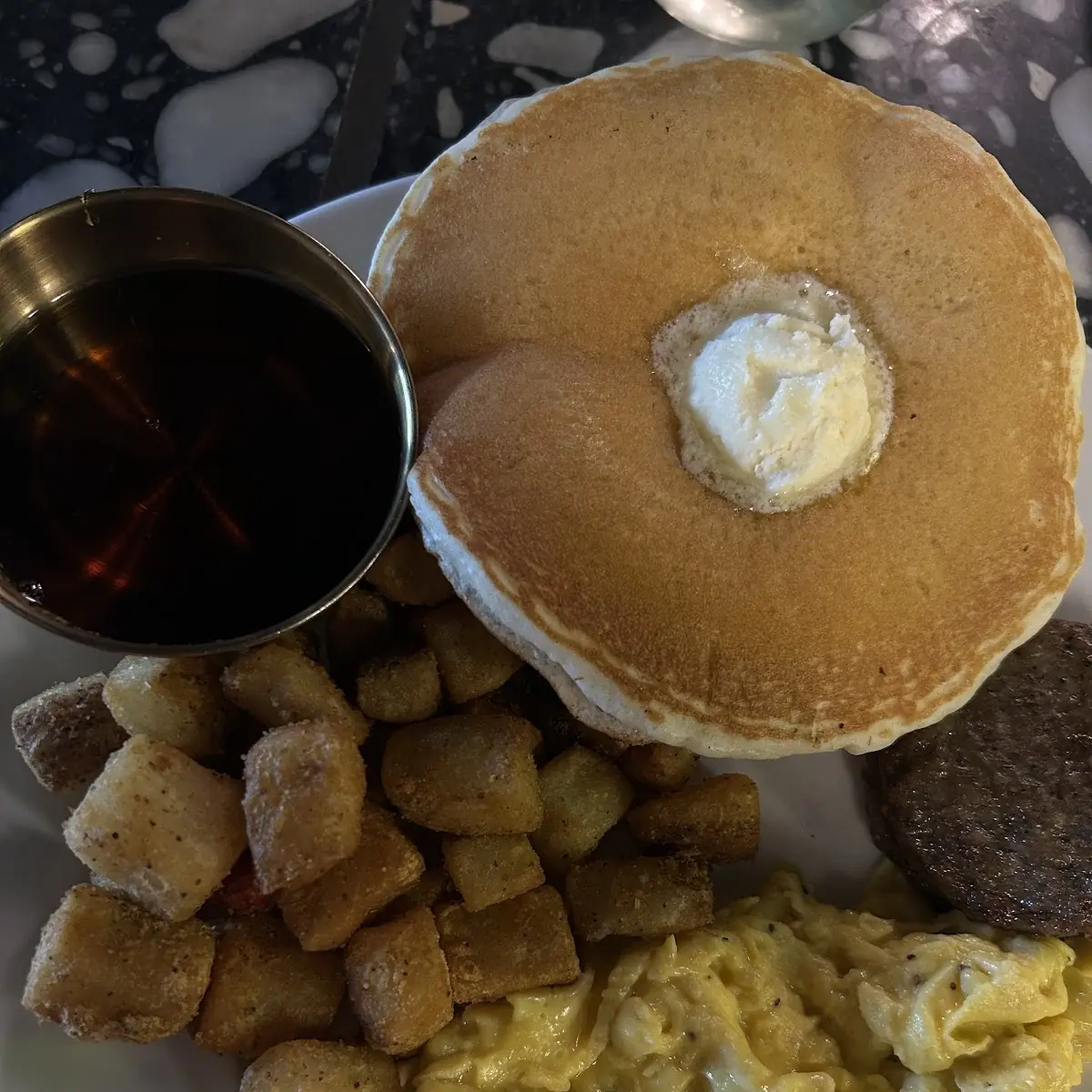 Pancake Bacon Eggs and Potatoes