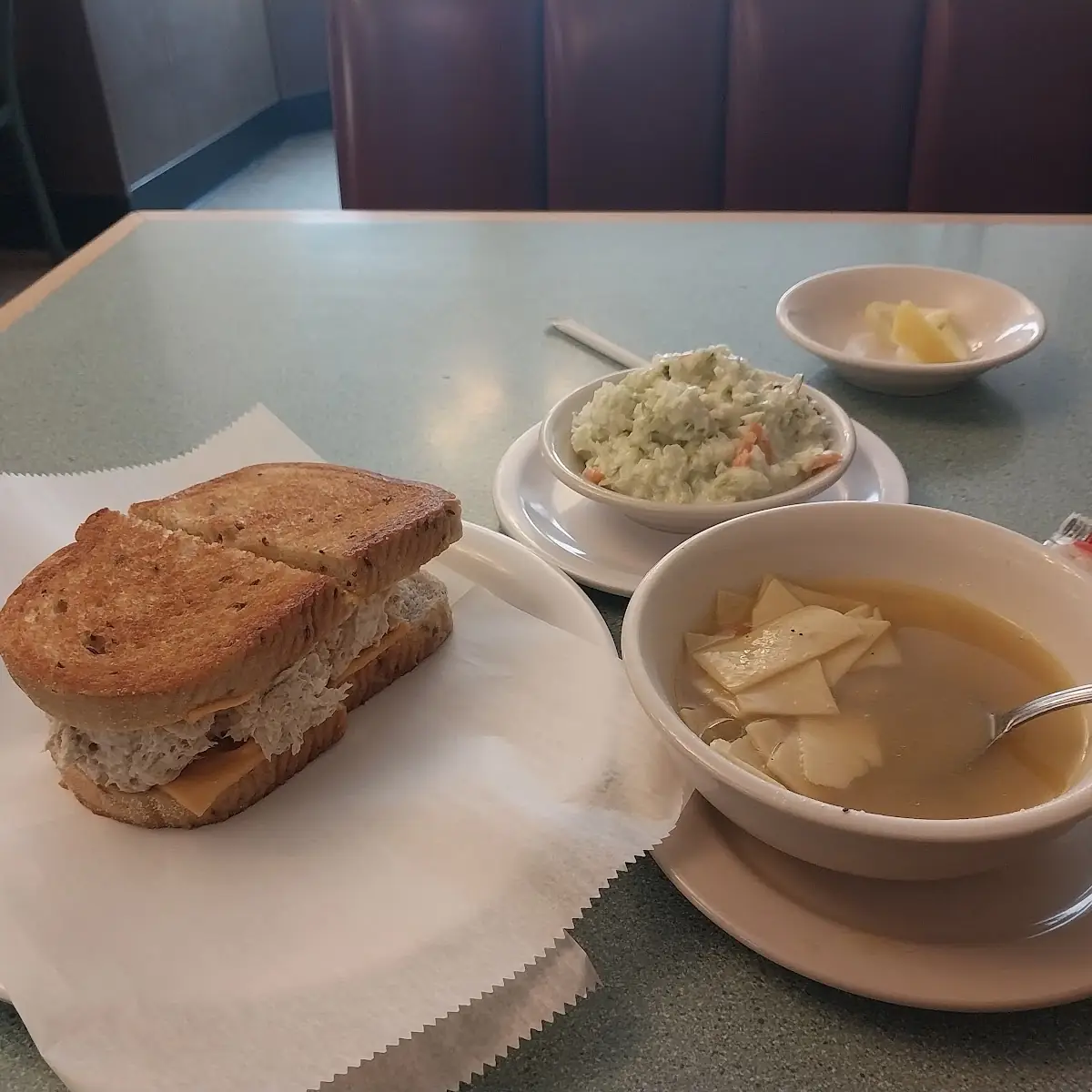 Chicken Noodle Soup and Sandwich
