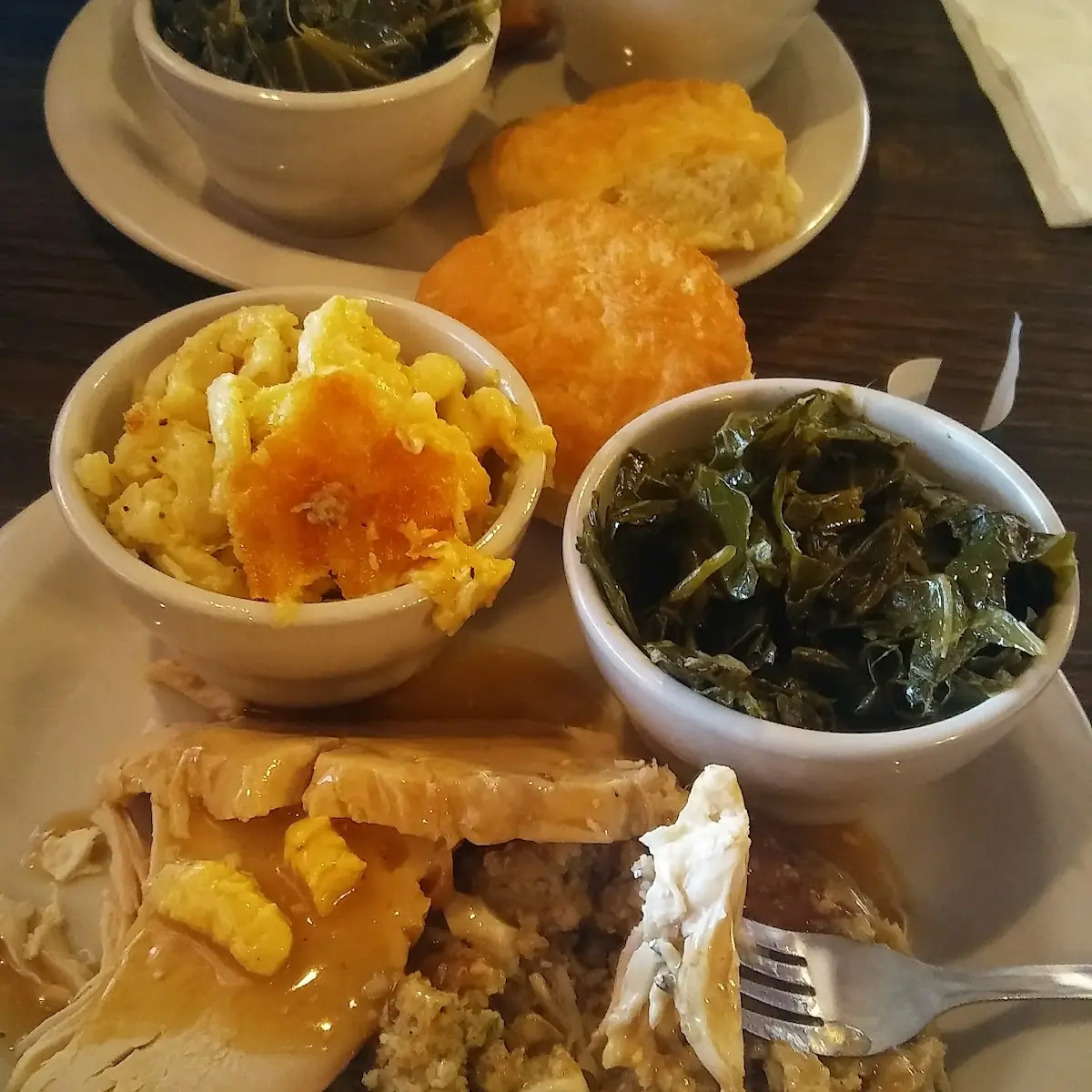 Turkey with Dressing Collards and Mac and Cheese