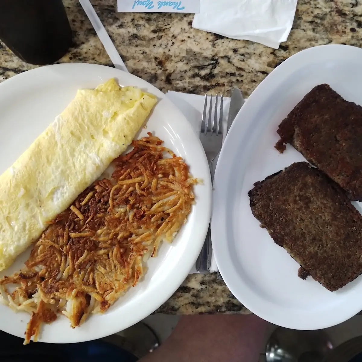 Omelette with Scrapple and Hash Browns