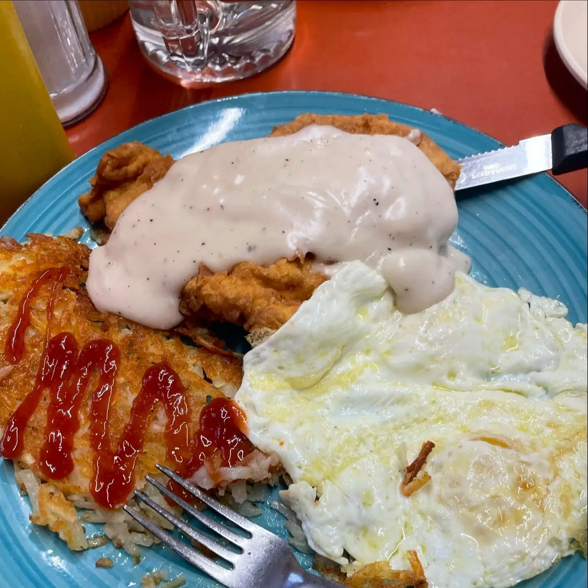 Chicken Fried Chicken with Hash Browns and Eggs