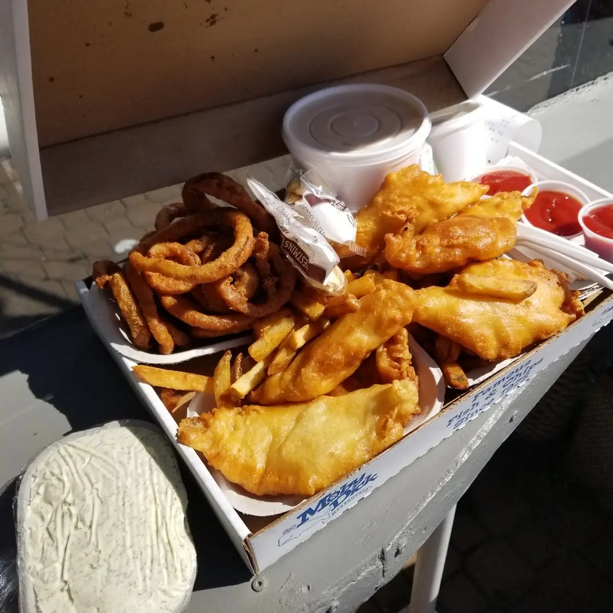 Fish and Chips Plus Onion Rings, Moby Dick Restaurant