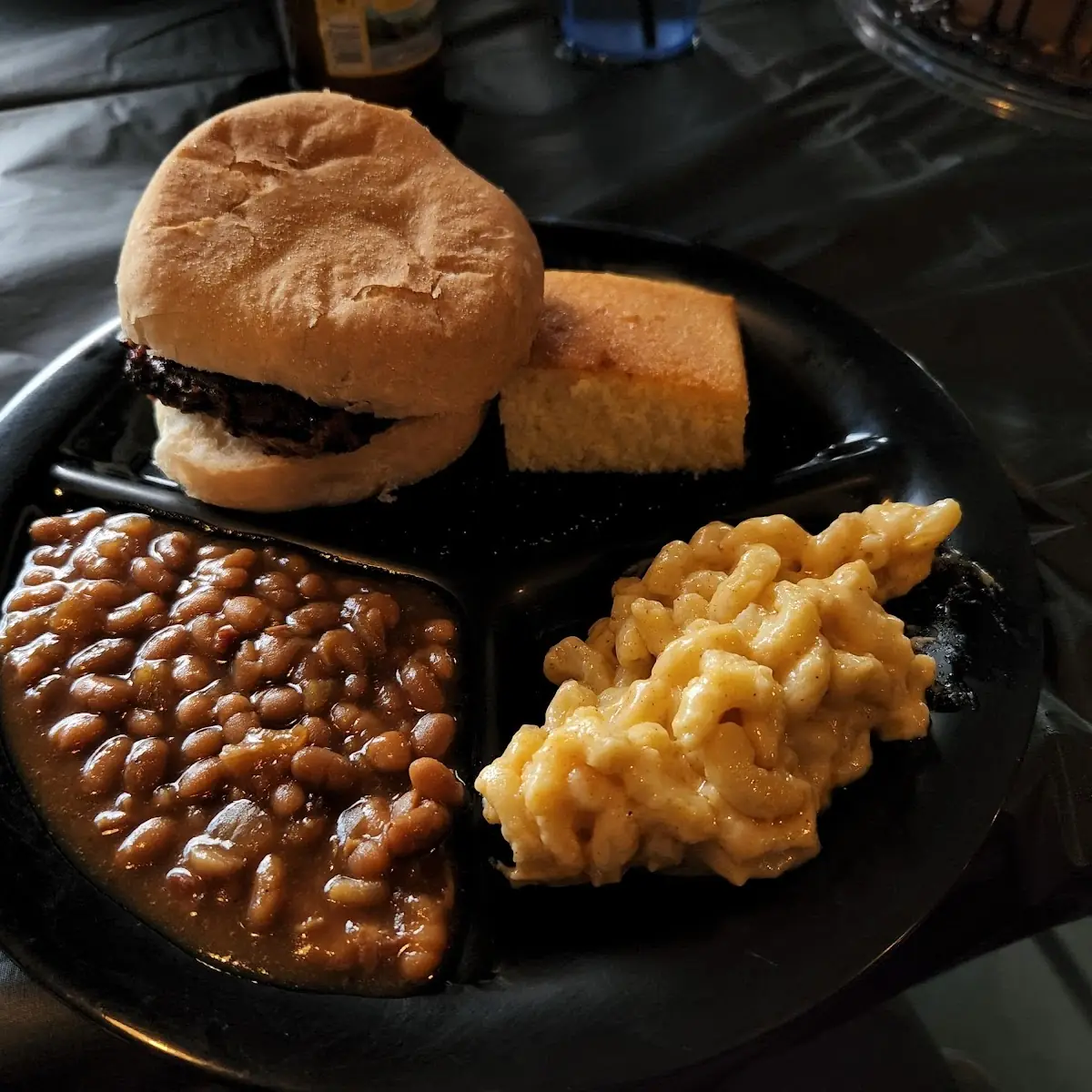 Brisket Sandwich with Mac and Cheese and Beans