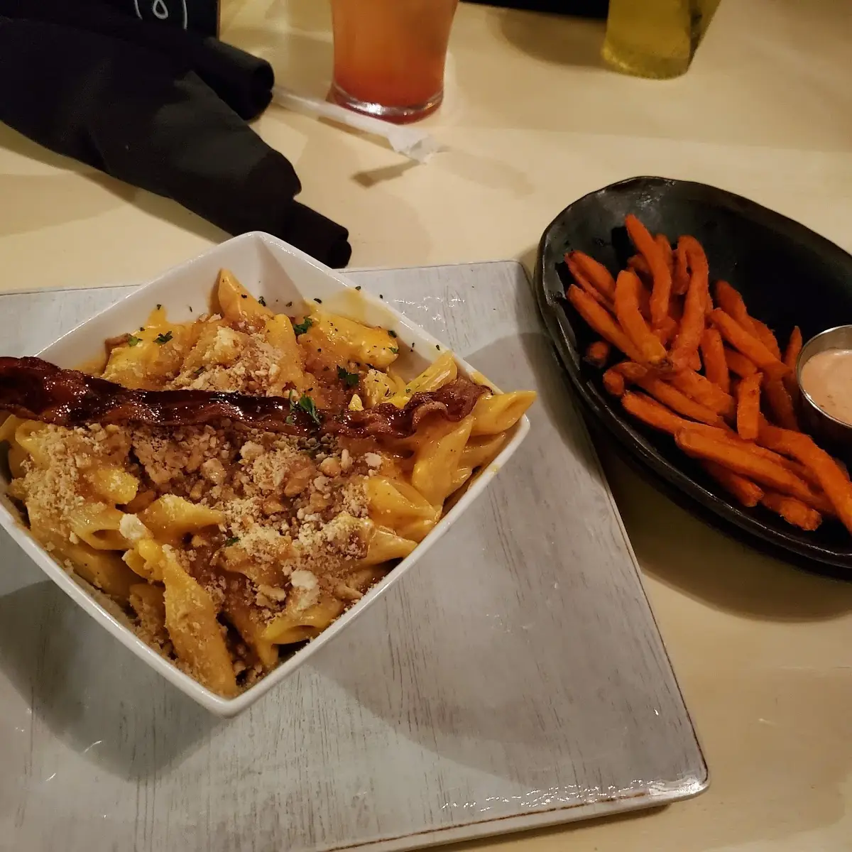 Maple Bacon Mac and Cheese with Sweet Potato Fries