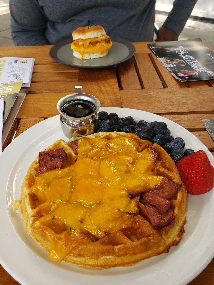 Belgium Waffle w Turkey Bacon and Cheddar Cheese
