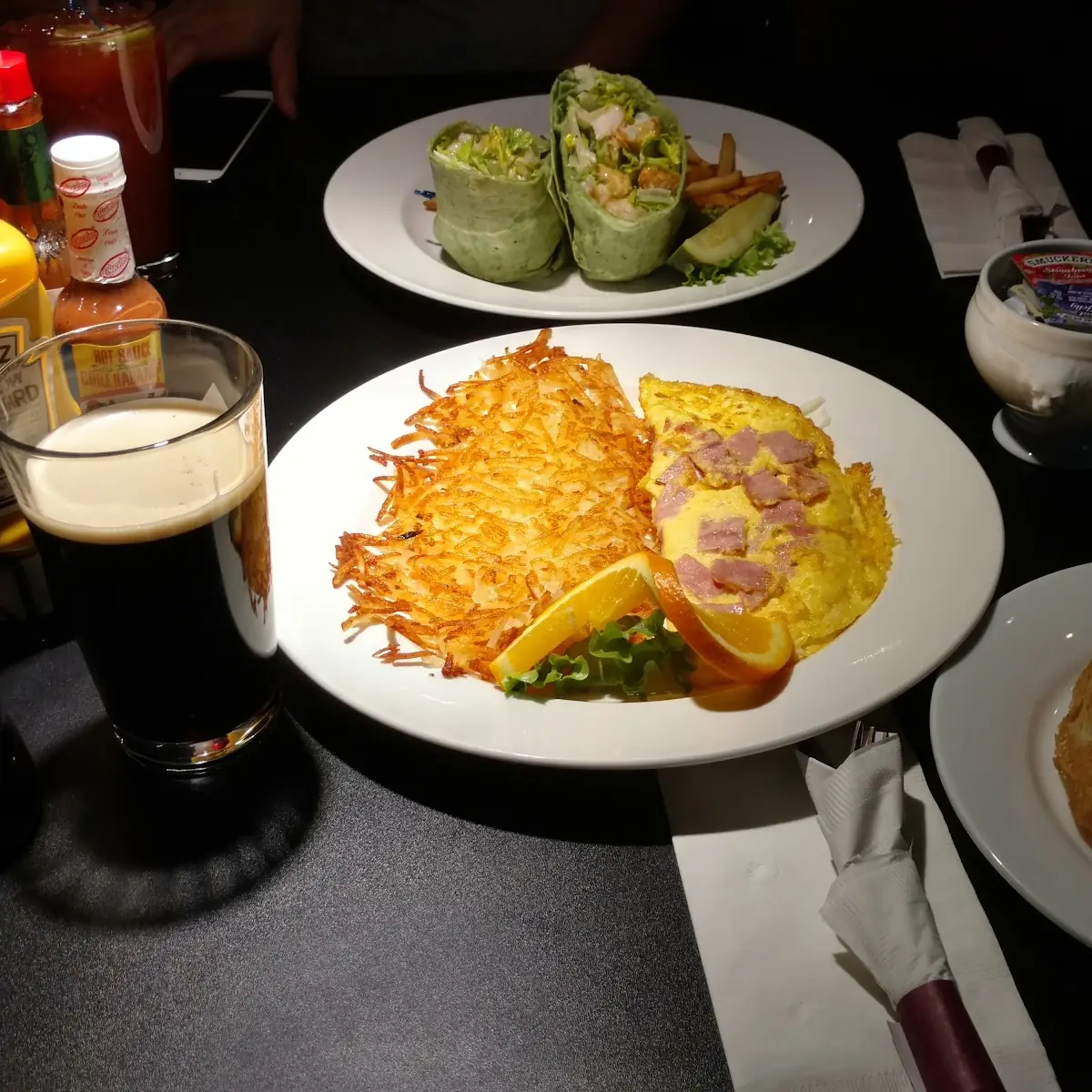 Ham Mushroom and Cheese Omelette with a Guinness Draught