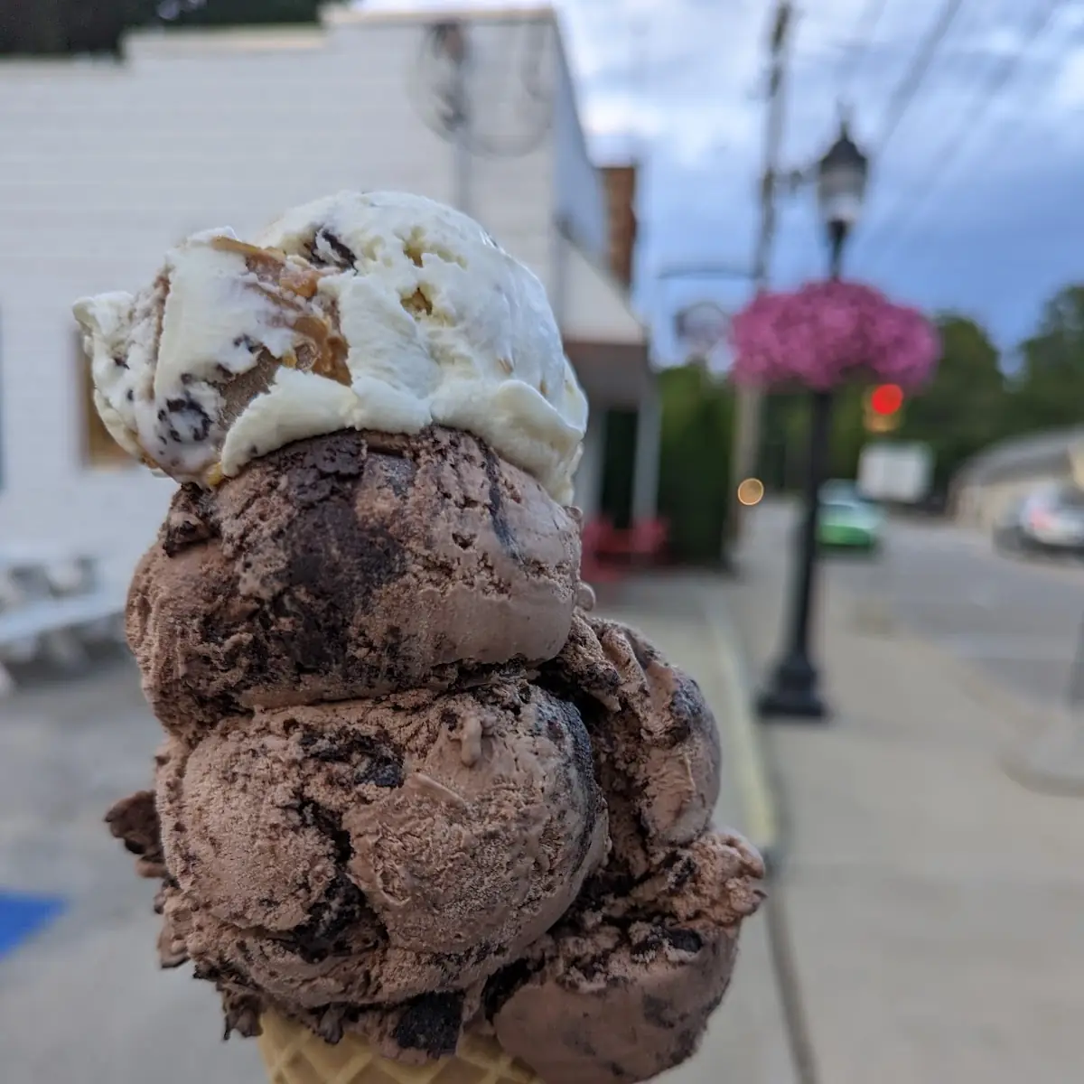 Michigan Pothole & Peanut Butter Cookie Dough in a Waffle Cone