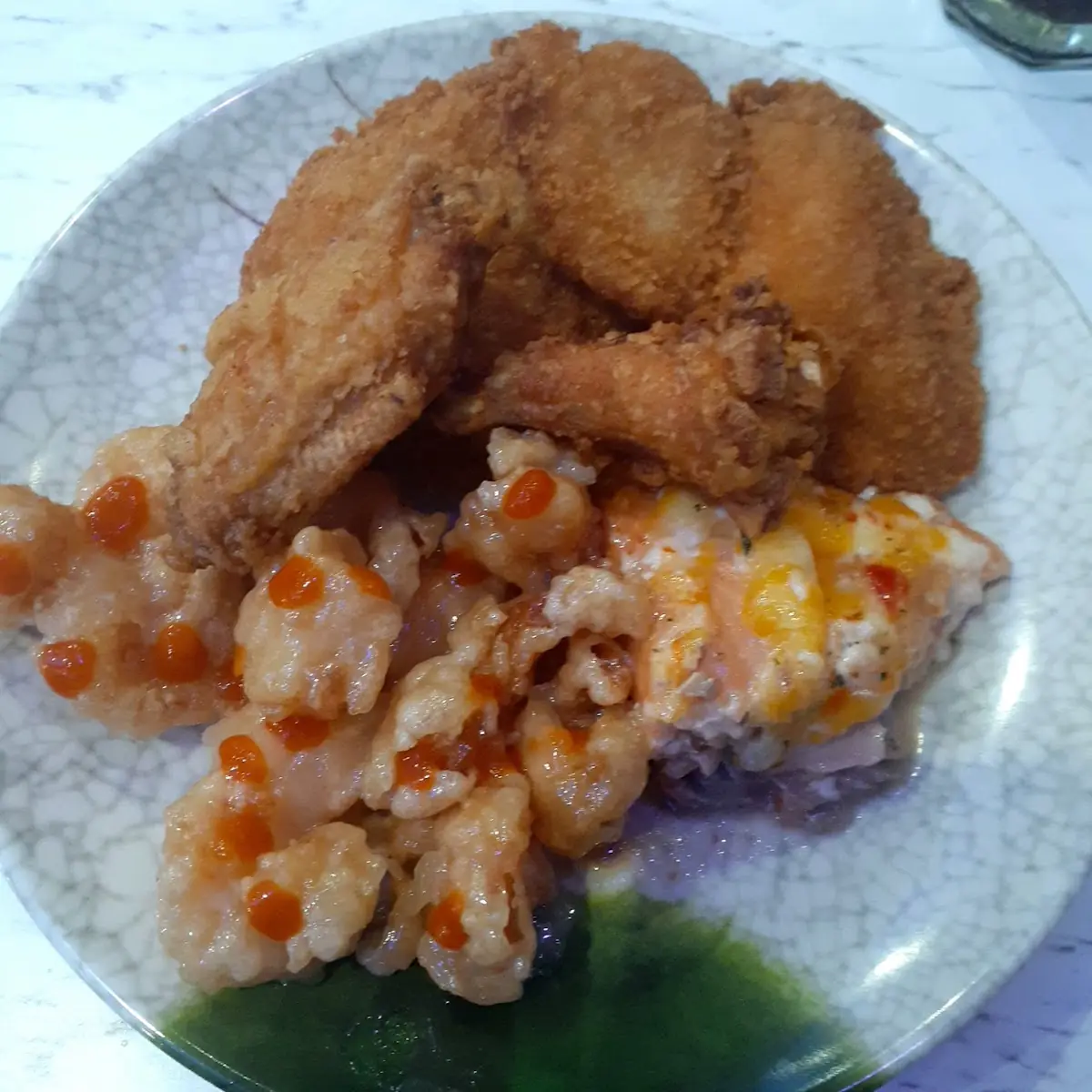 Chicken Wings Fried Fish Chili Cheese Salmon and Coconut Shrimp