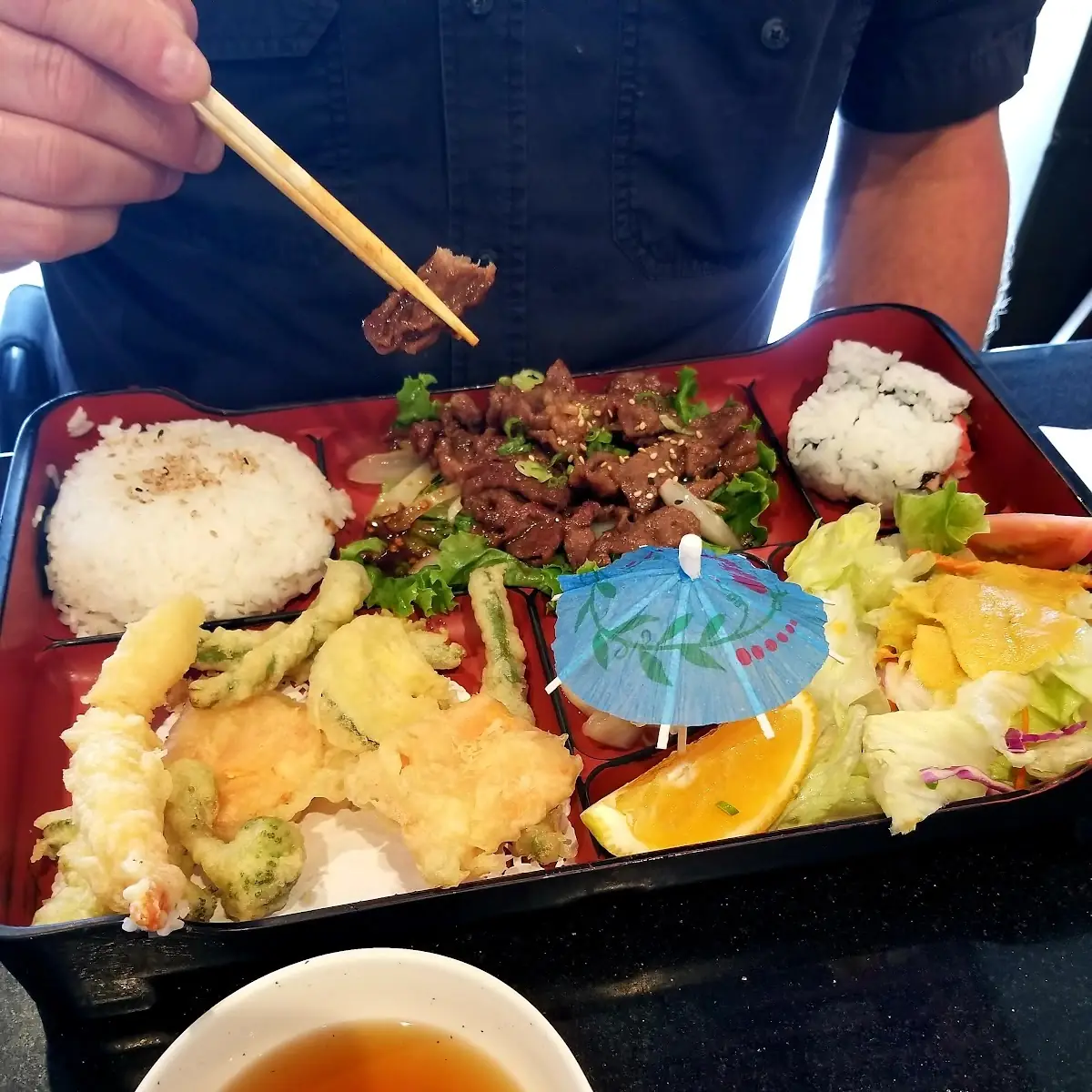 Bento Box Beef with Shrimp Tempora