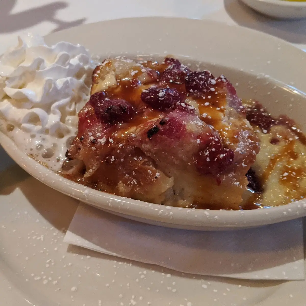 White Chocolate - Raspberry Bread Pudding Bourbon Caramel Sauce
