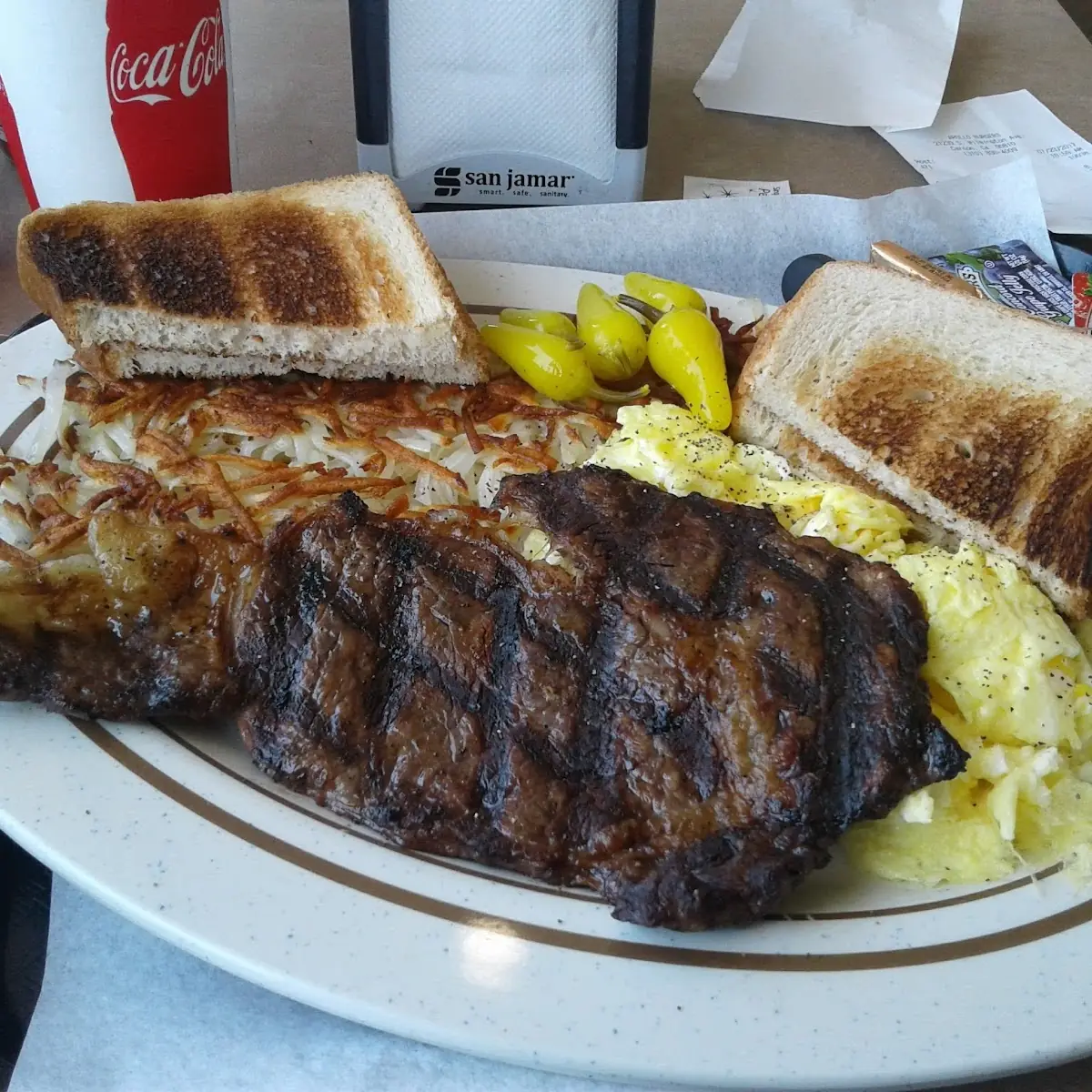 Carne Asada with Hash Browns and Eggs and Toast