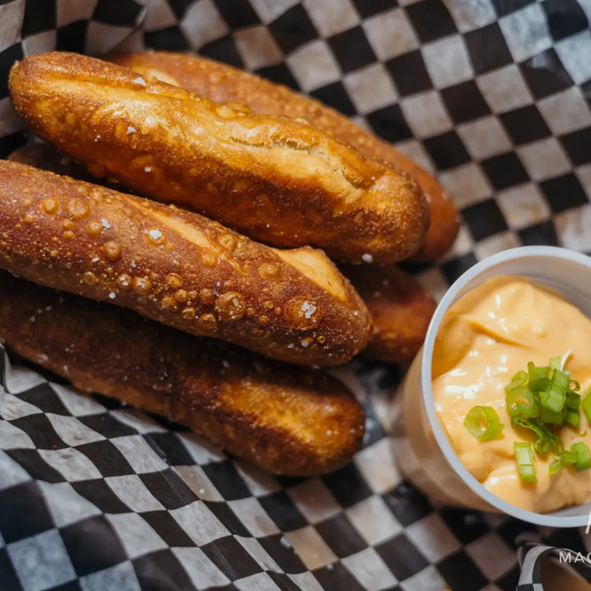Fried Pretzels with Warm Beer Cheese Dip on the Side