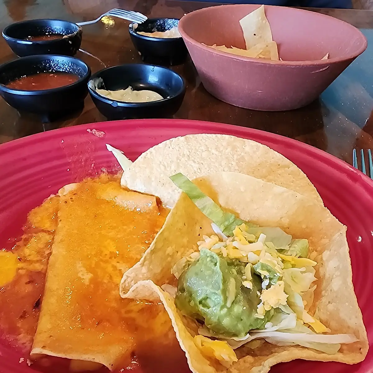 Juarez Special Taco Enchilada Guacamole Tostada