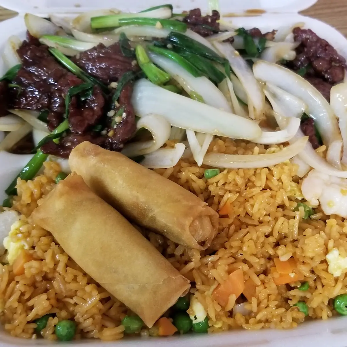 Mongolian Beef with Shrimp Fried Rice and an Egg Roll