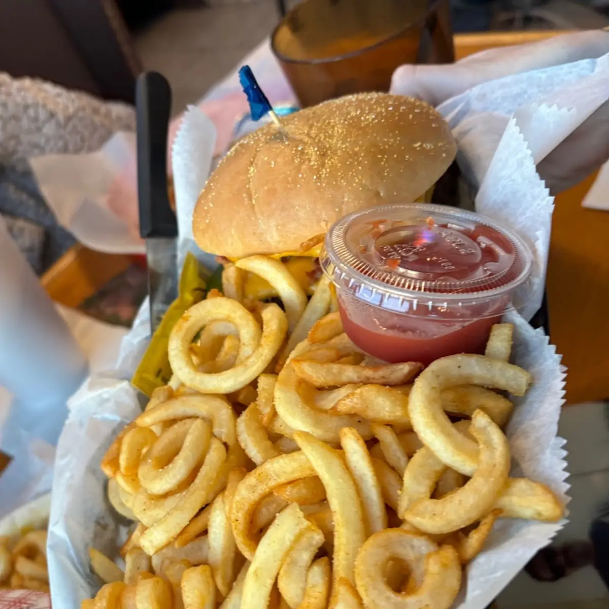 Curly Fries and Bacon Cheeseburger