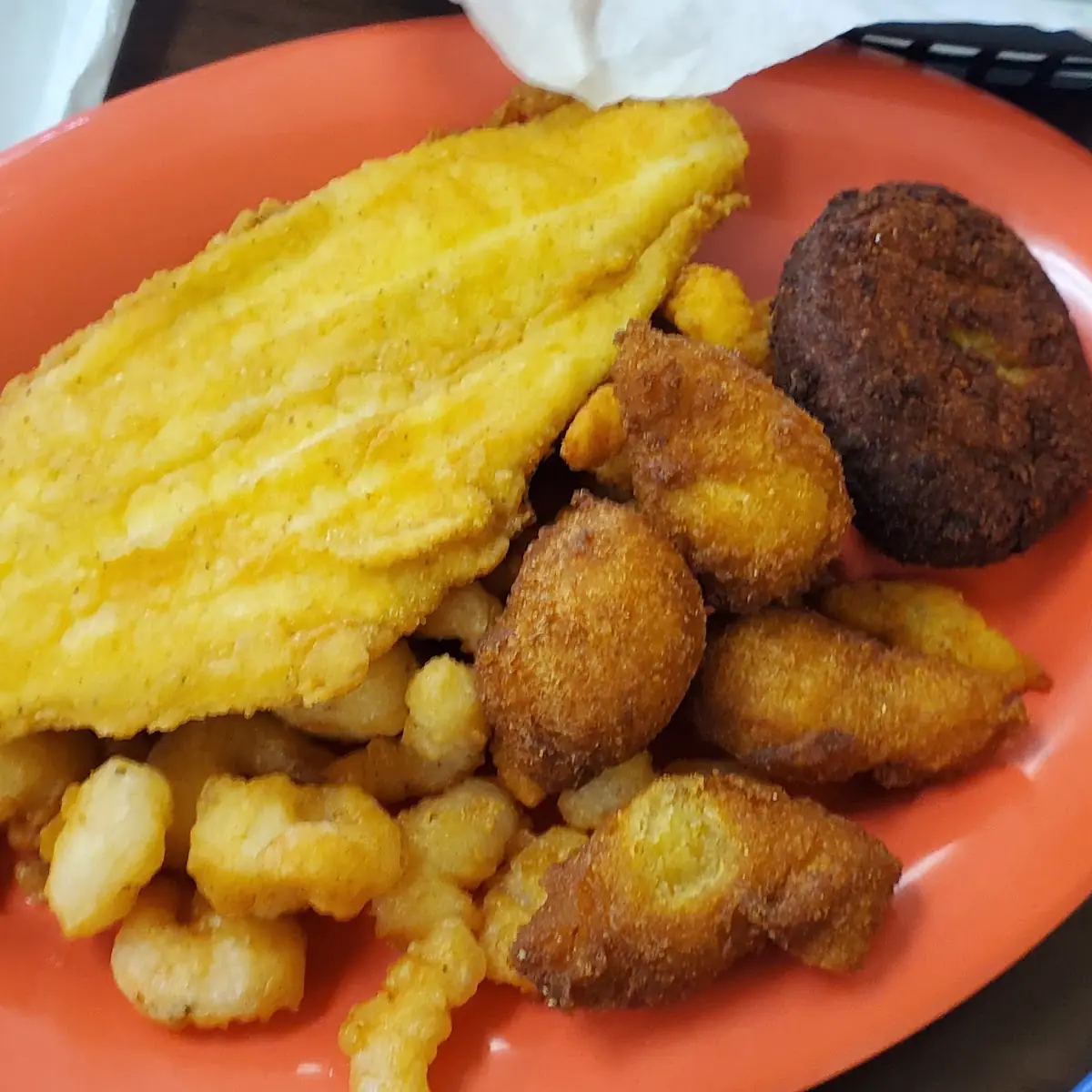 Fried Seafood Combo- Fried Clam Strips Flounder Scallops Crab Cake and Hushpuppies Okra