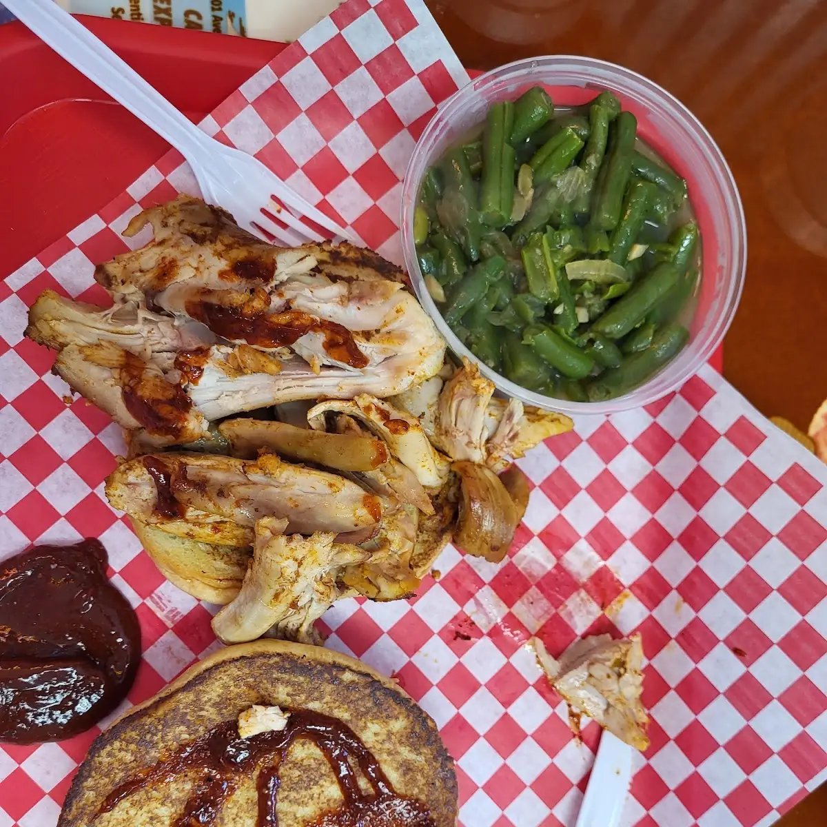 Pulled BBQ Chicken Sandwich with Smoked Green Beans