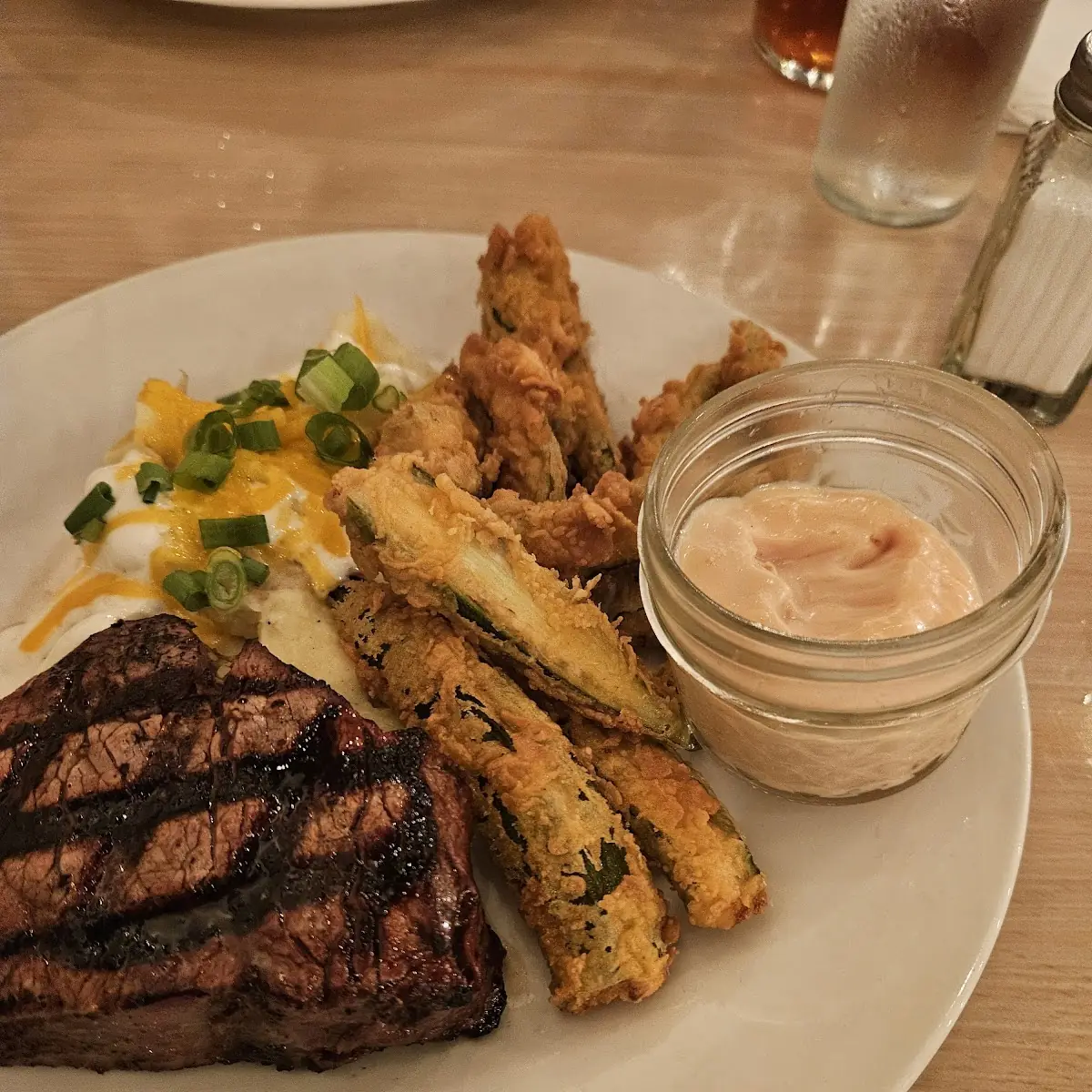 Filet with Loaded Mashed Potatoes Fried Okra