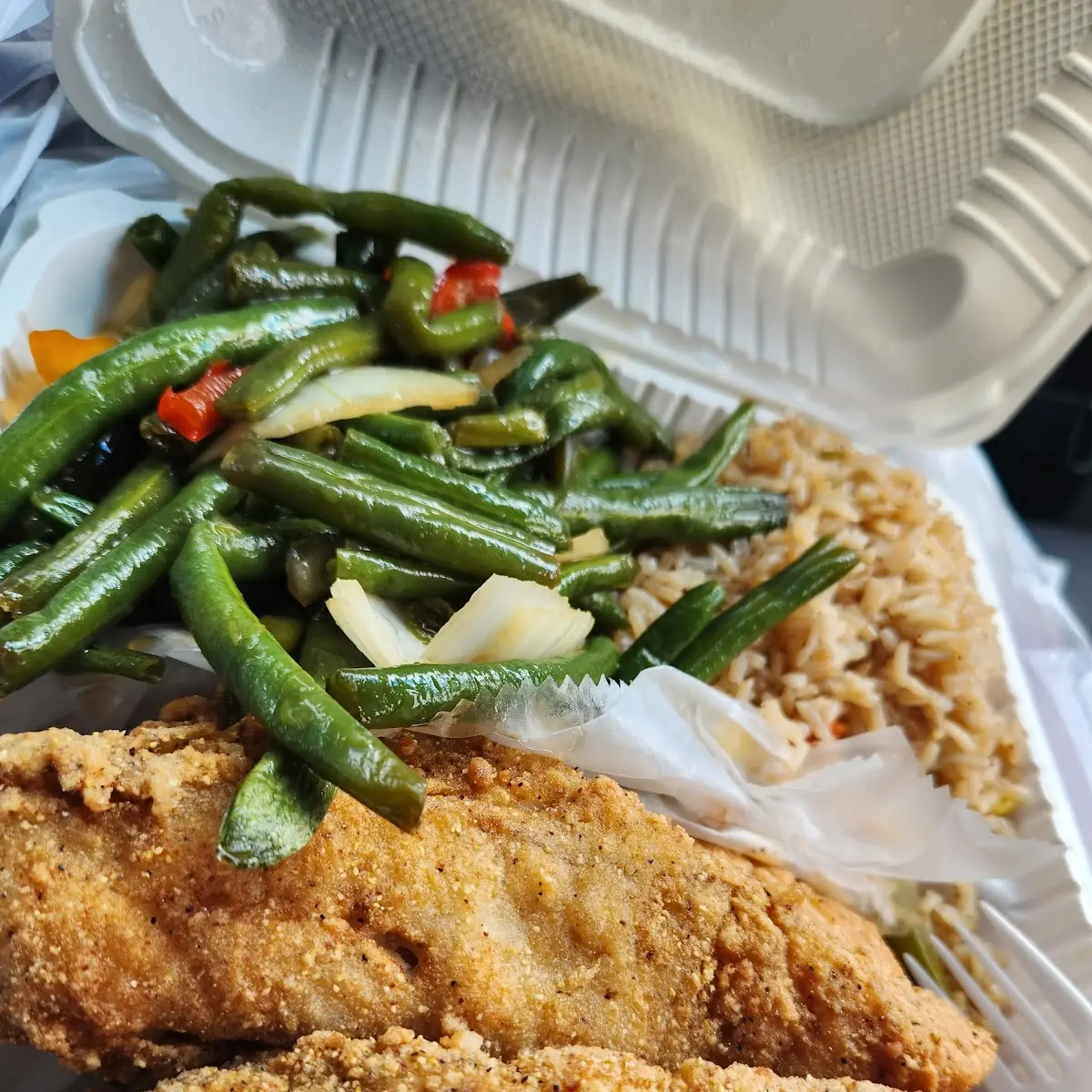 Fried Trout Teriyaki Green Beans and Fried Rice