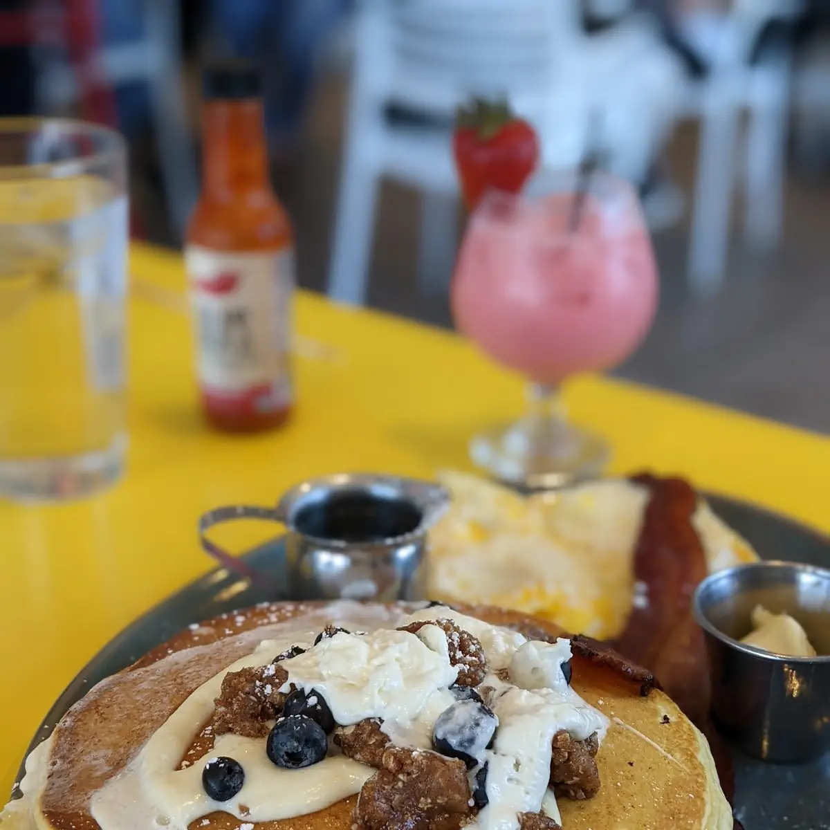 Blueberry Pancakes with Bacon and Syrup