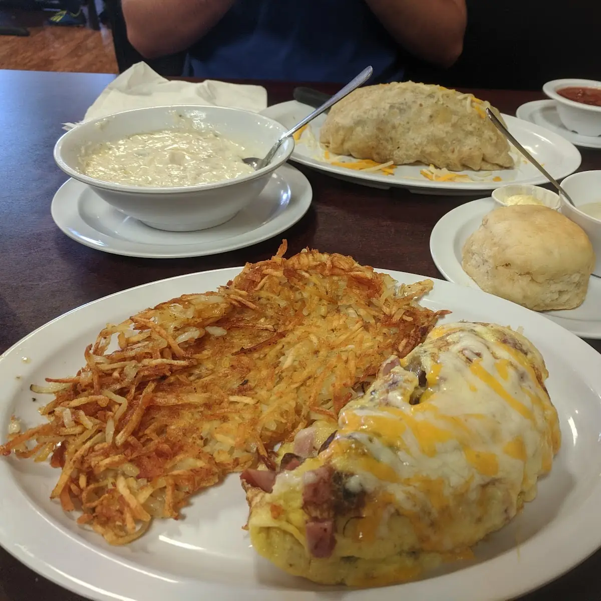 Meat Lovers Omelette with Hash Browns & Biscuits and Gravet