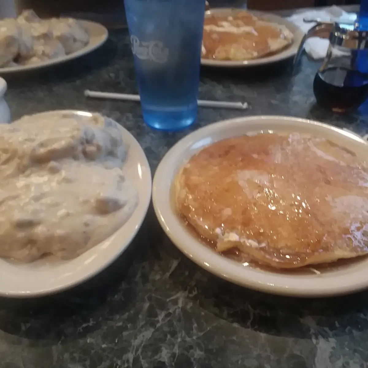 Sausage Gravy over Biscuits and a Pancake