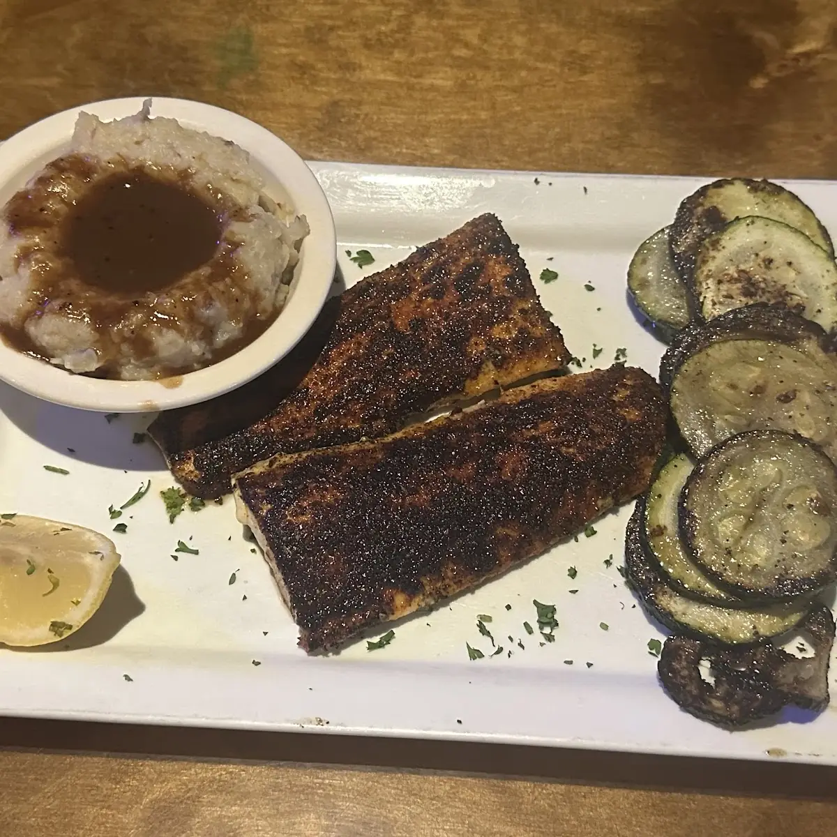 Blackened Mahi Mahi Zucchini Mashed Potatoes & Gravy