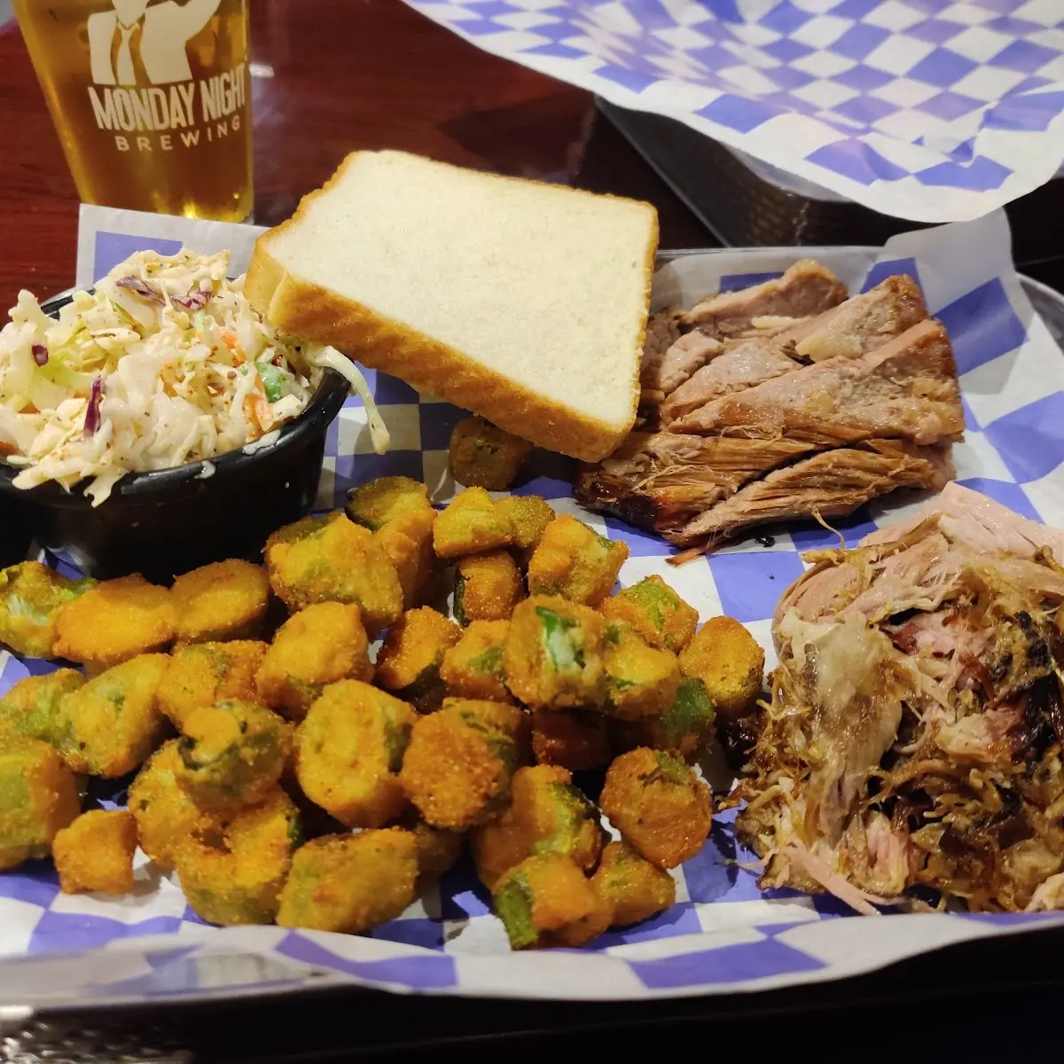 Pulled Pork Brisket Fried Okra Coleslaw