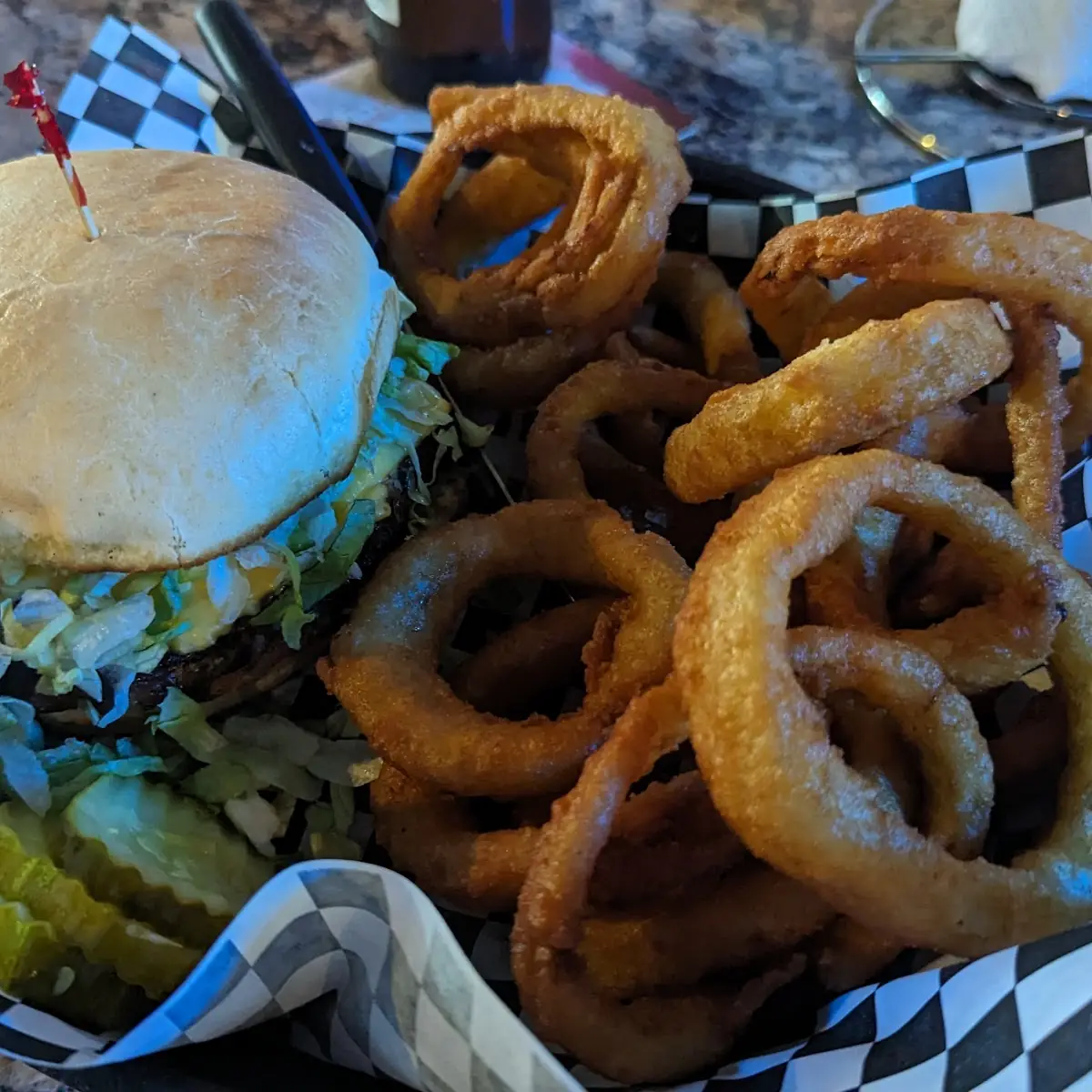 Cheese Burger and Onion Rings