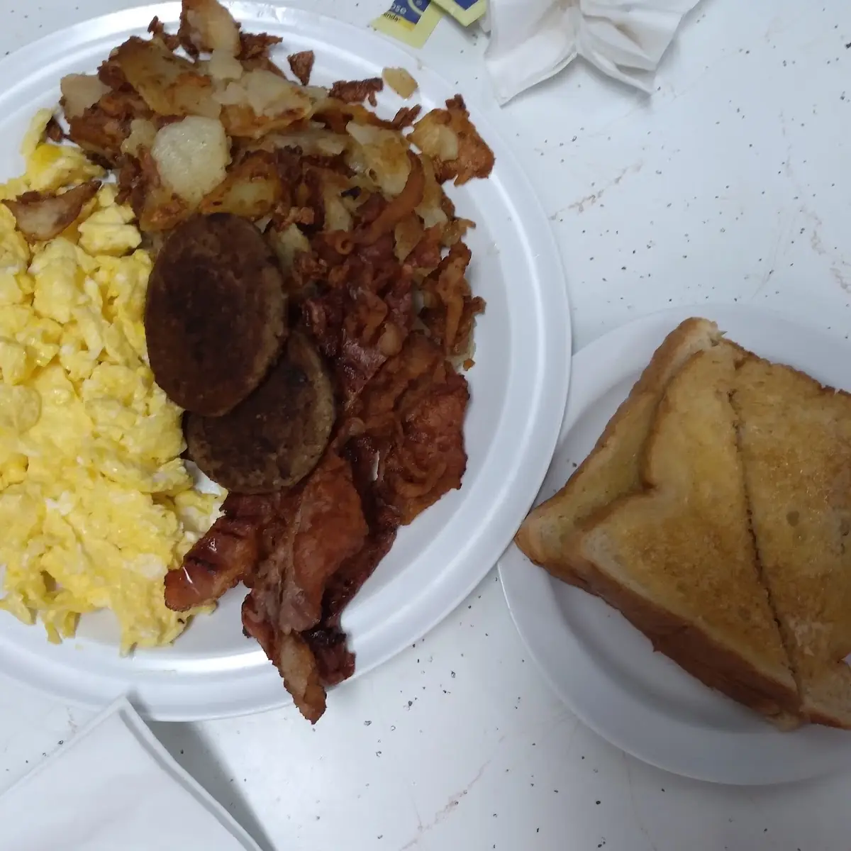 3 Scrambled Eggs Bacon Sausage and Toast
