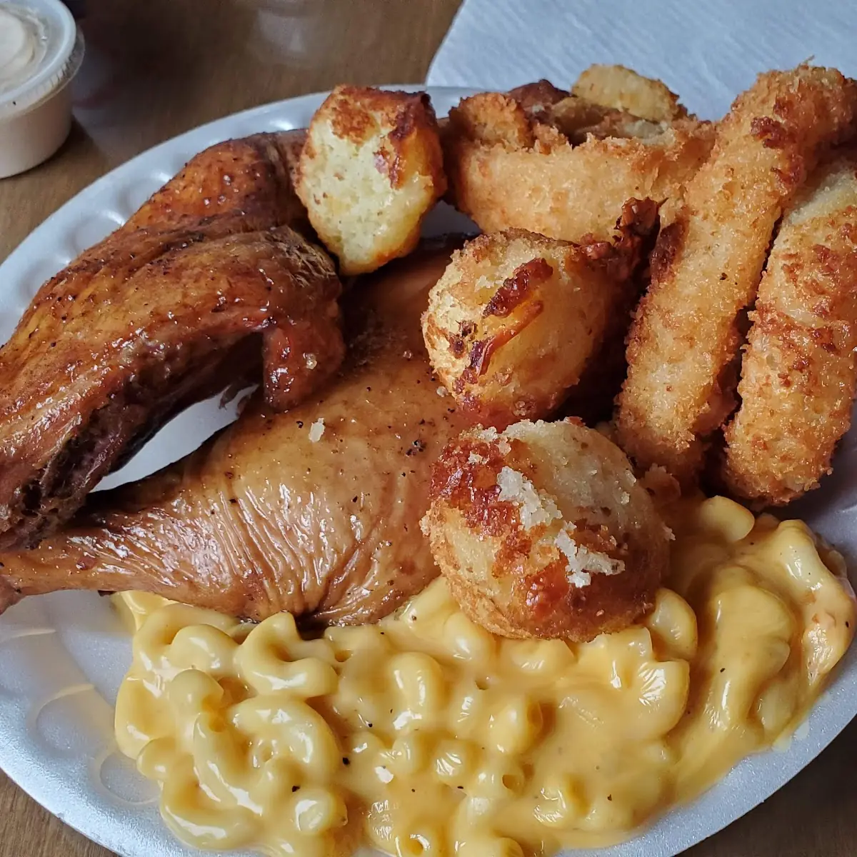 Smoked Half Chicken Mac N Cheese Cheddar Iscuits and Onion Rings