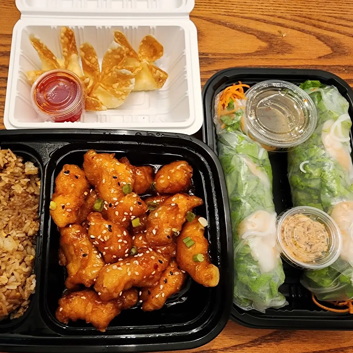 Sesame Chicken with Fried Rice and Spring Roll