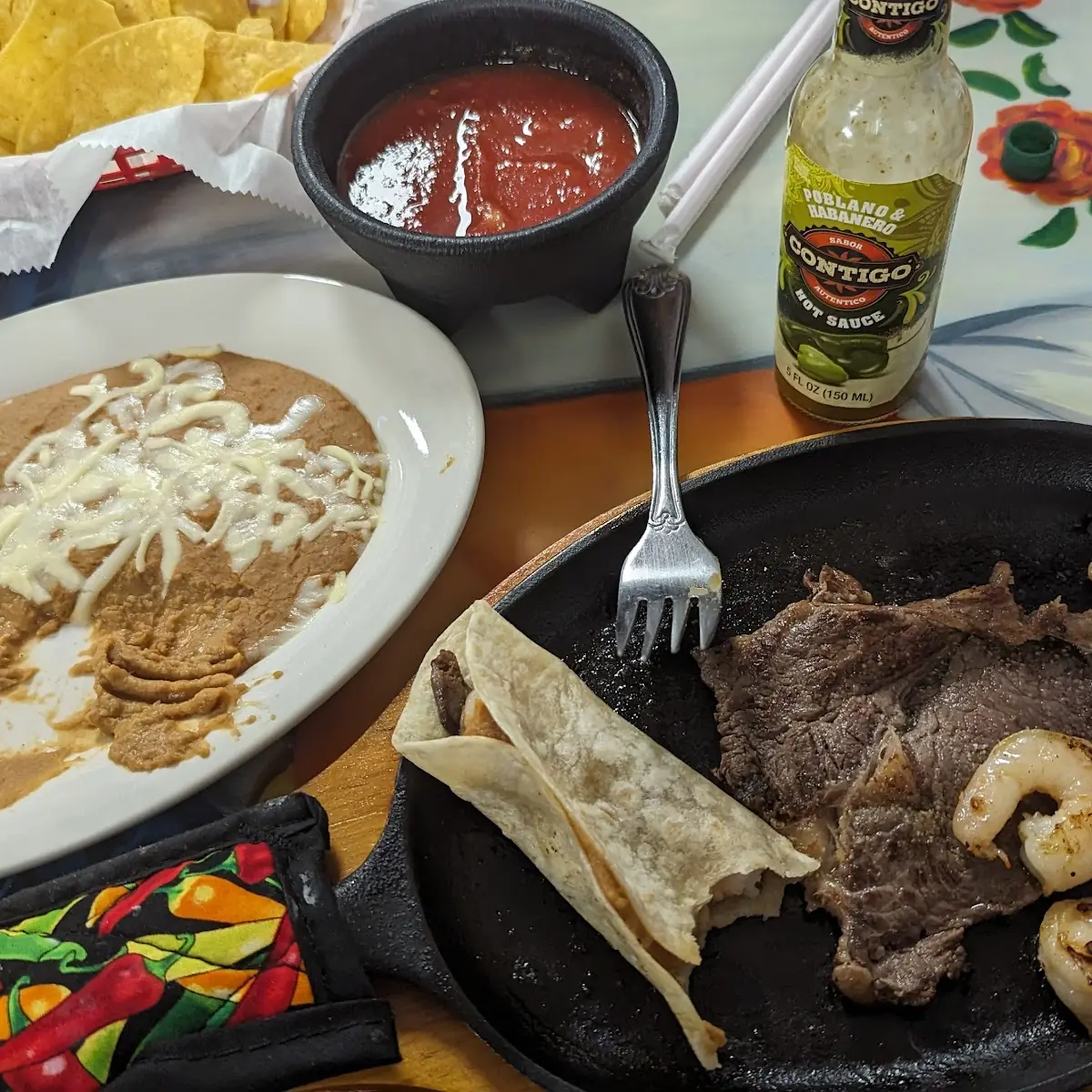 Steak and Shrimp with Refried Beans