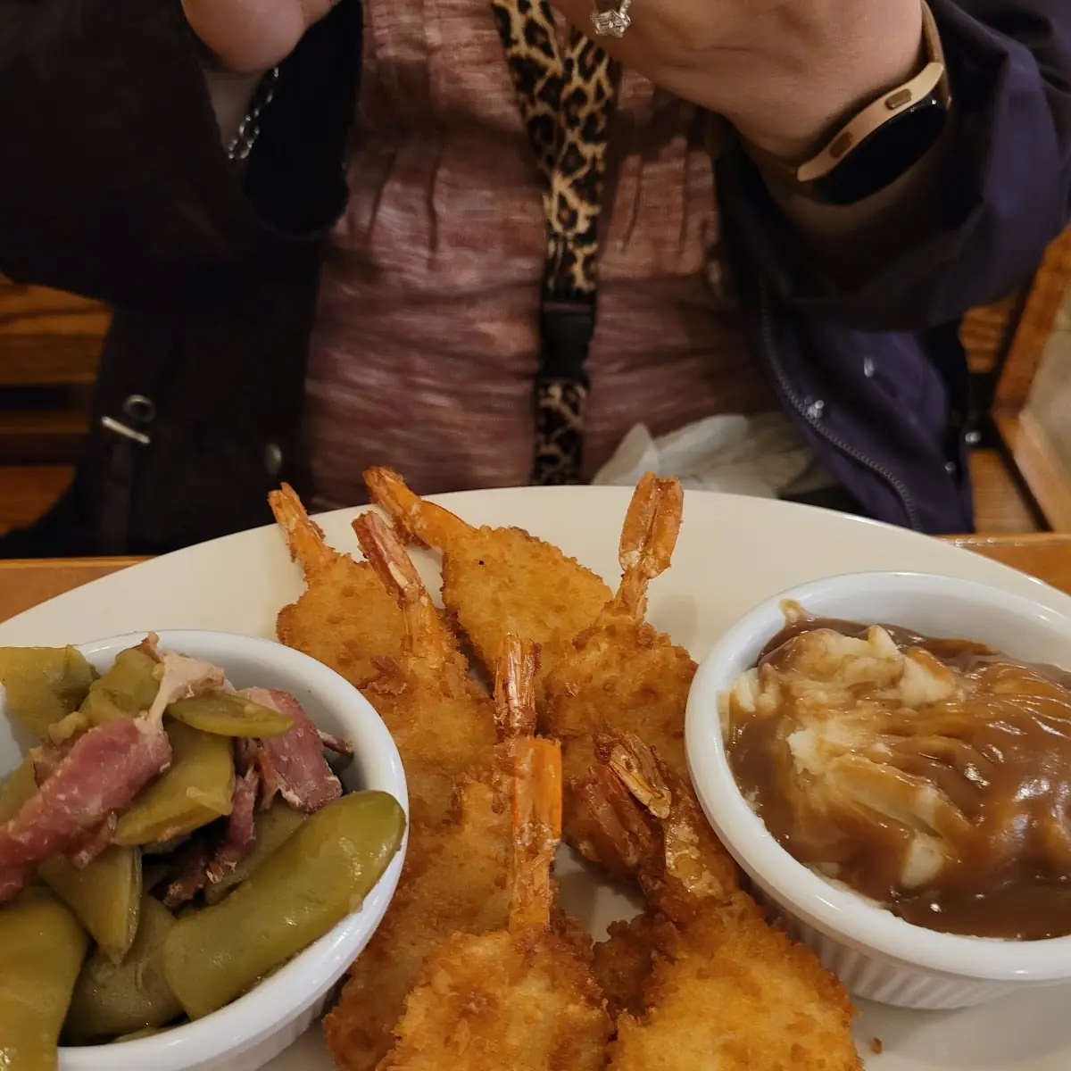 Fried Shrimp Dinner with Mashed Potatoes and Green Beans