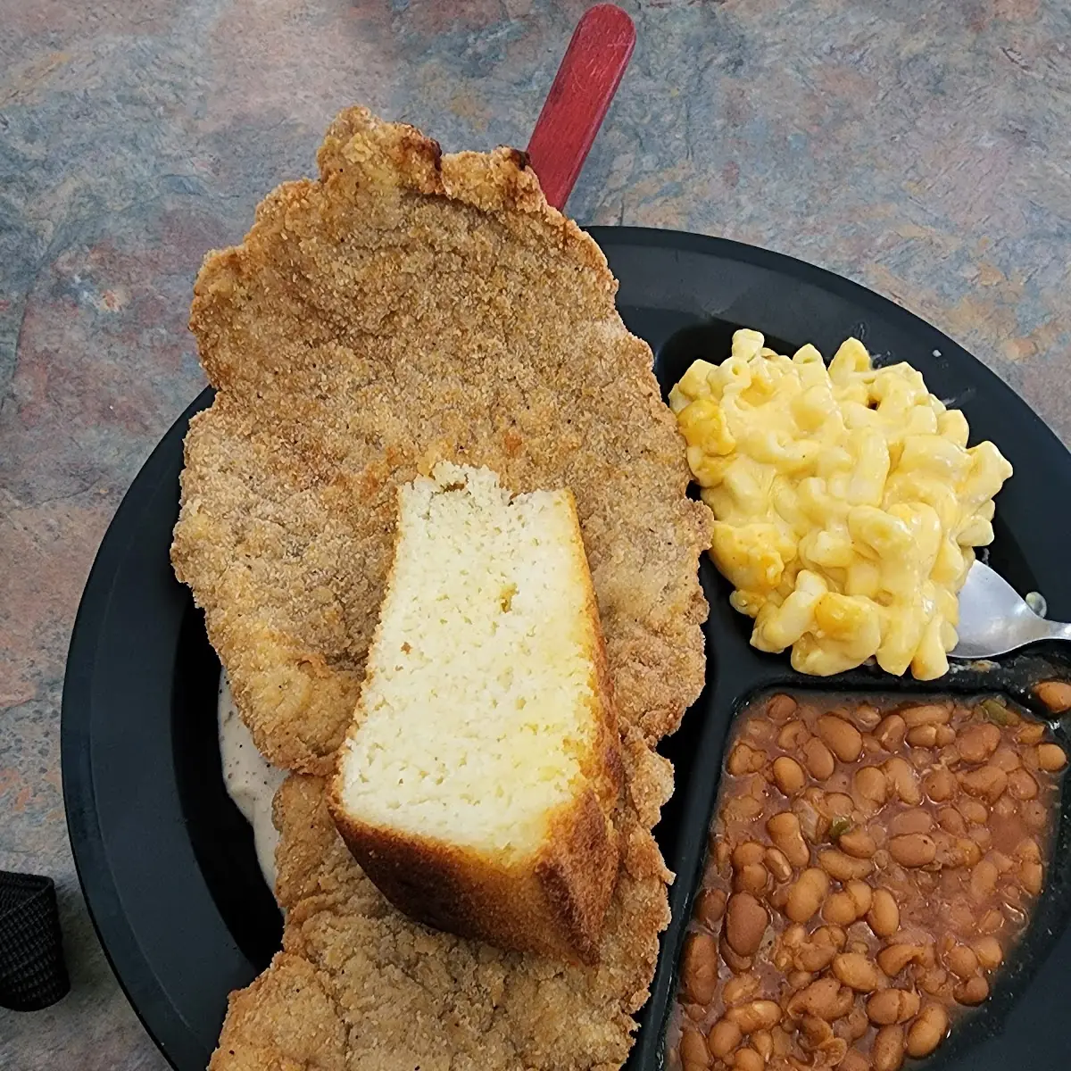 Fried Pork Tenderloin Mac and Cheese BBQ Beans & Cornbread Special