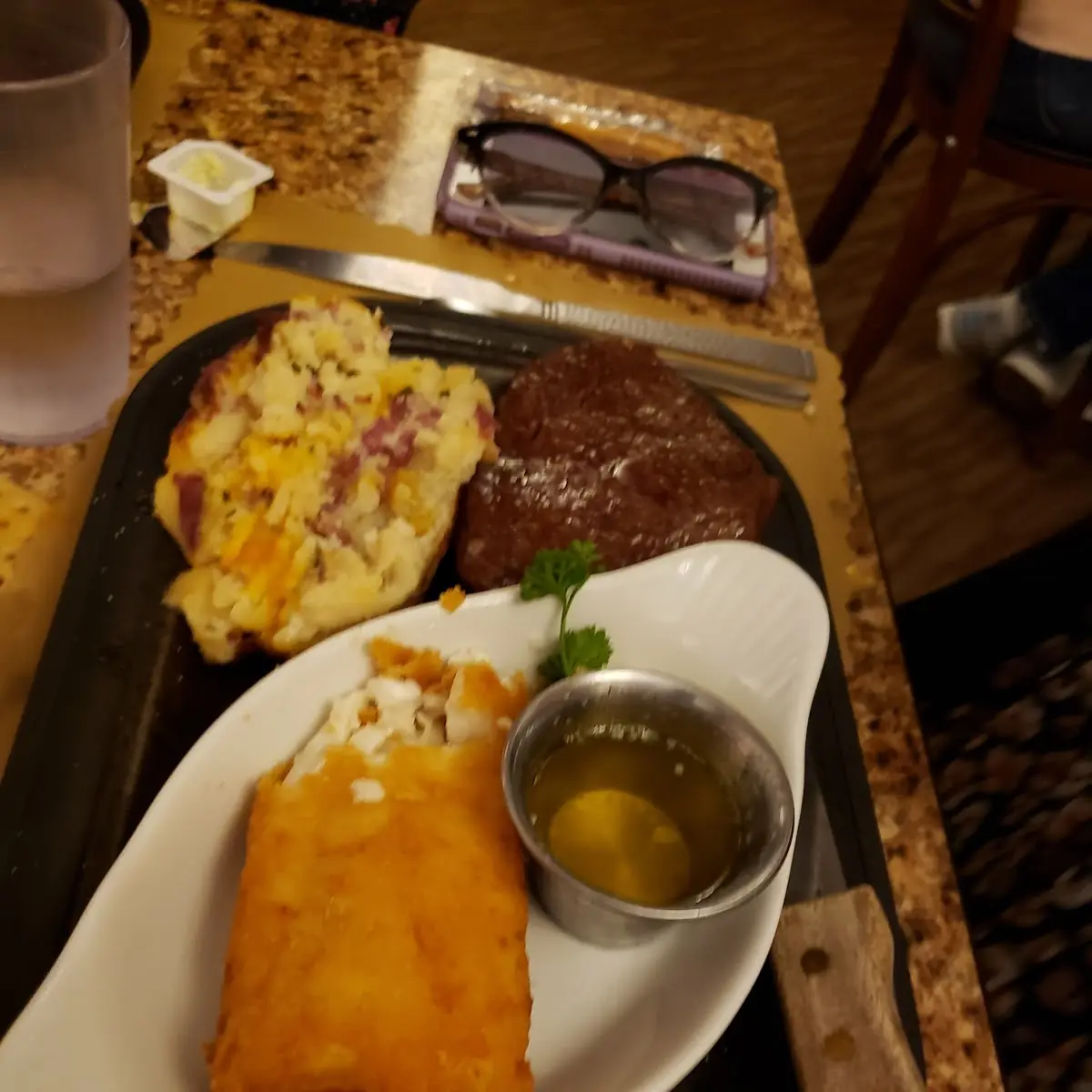 Tenderloin and Deep Fried Haddock w Twice Baked Potato