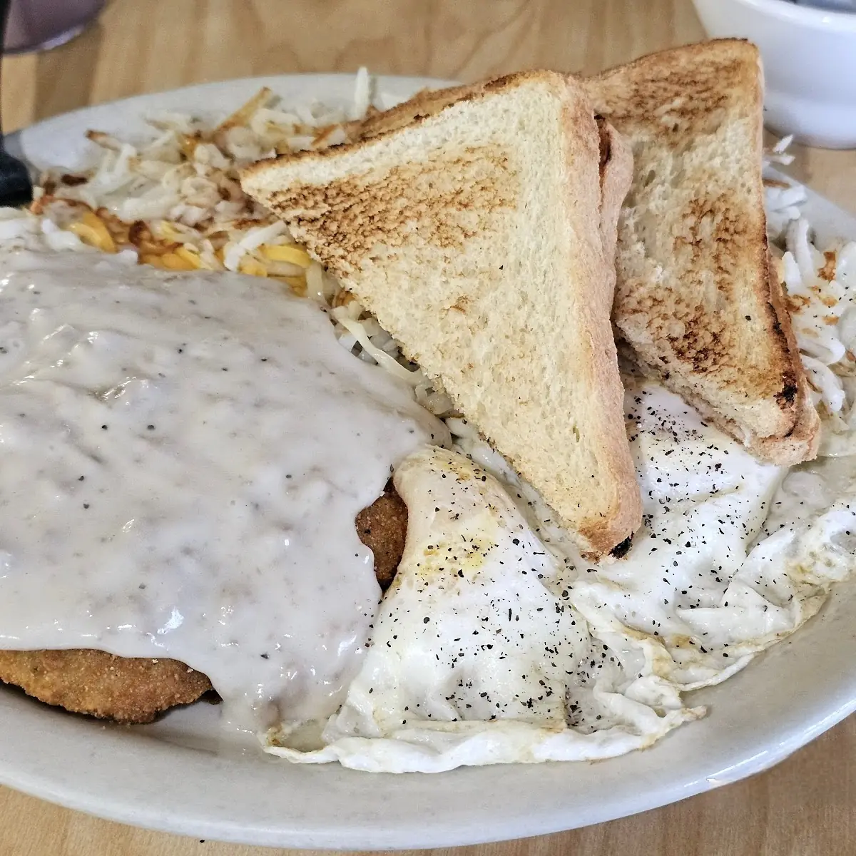 Country Fried Steak and Eggs with Hashbrowns