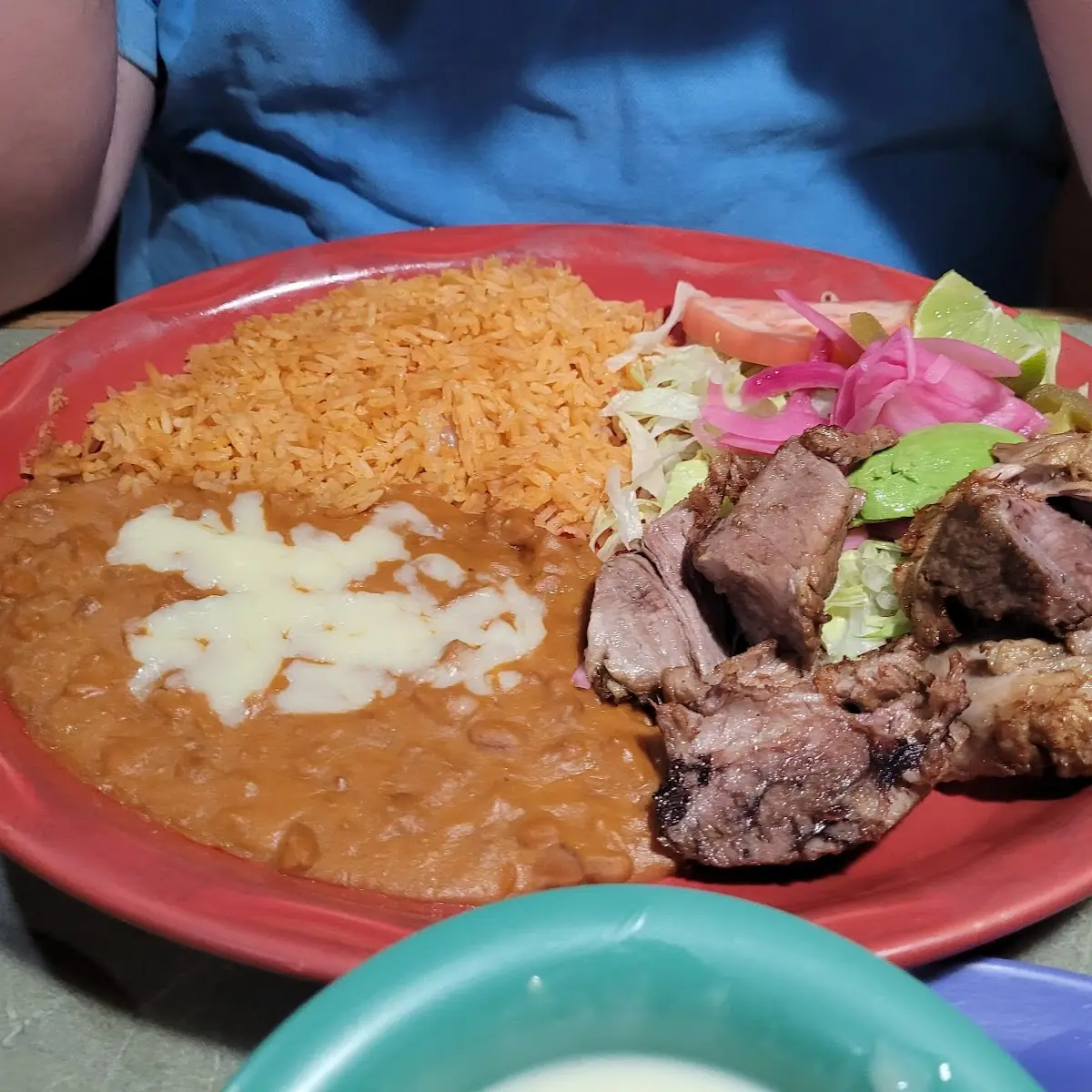 Two Beef Tacos Rice and Refried Beans