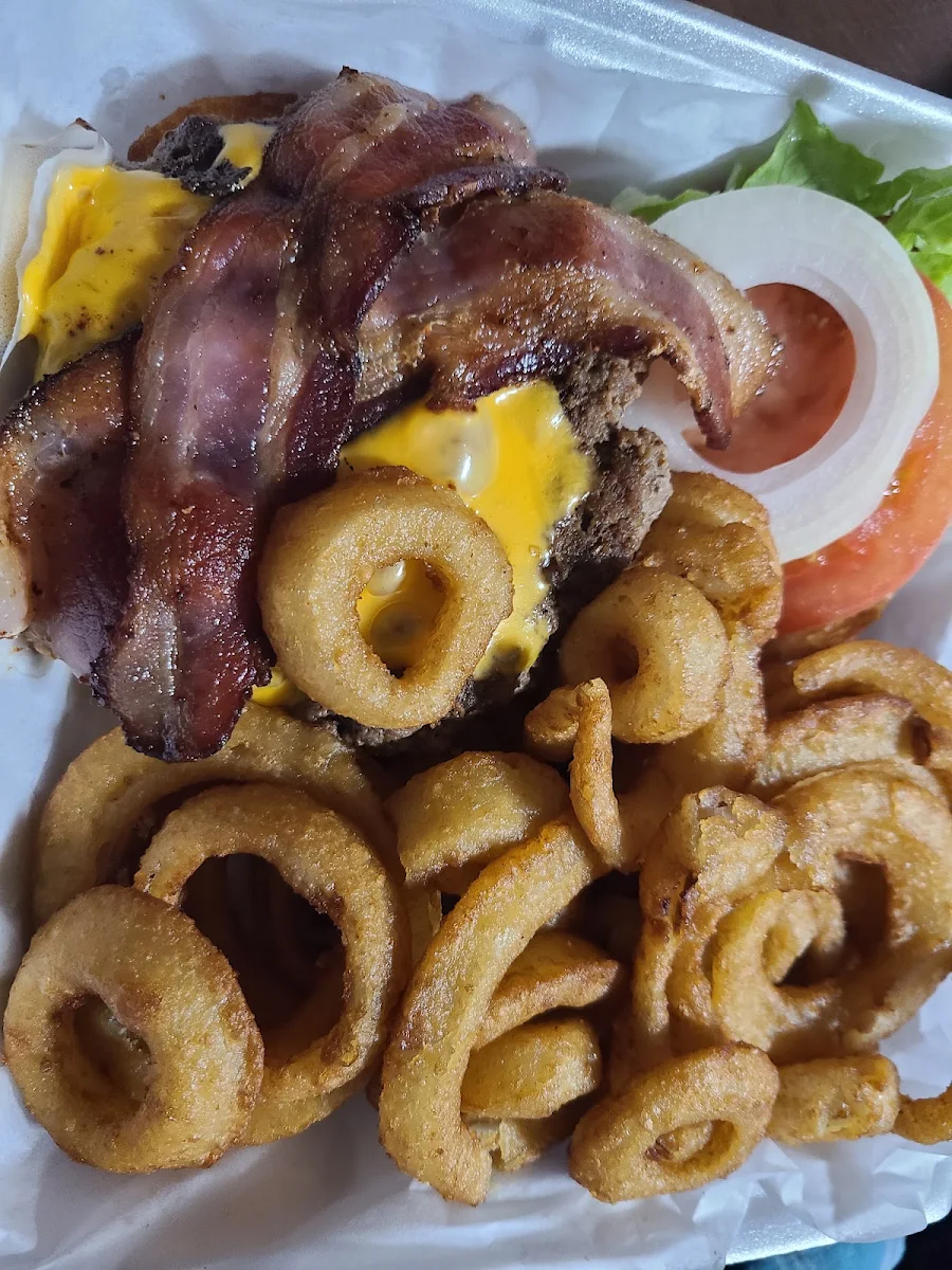 Bacon Cheeseburger with a Side of Onion Rings