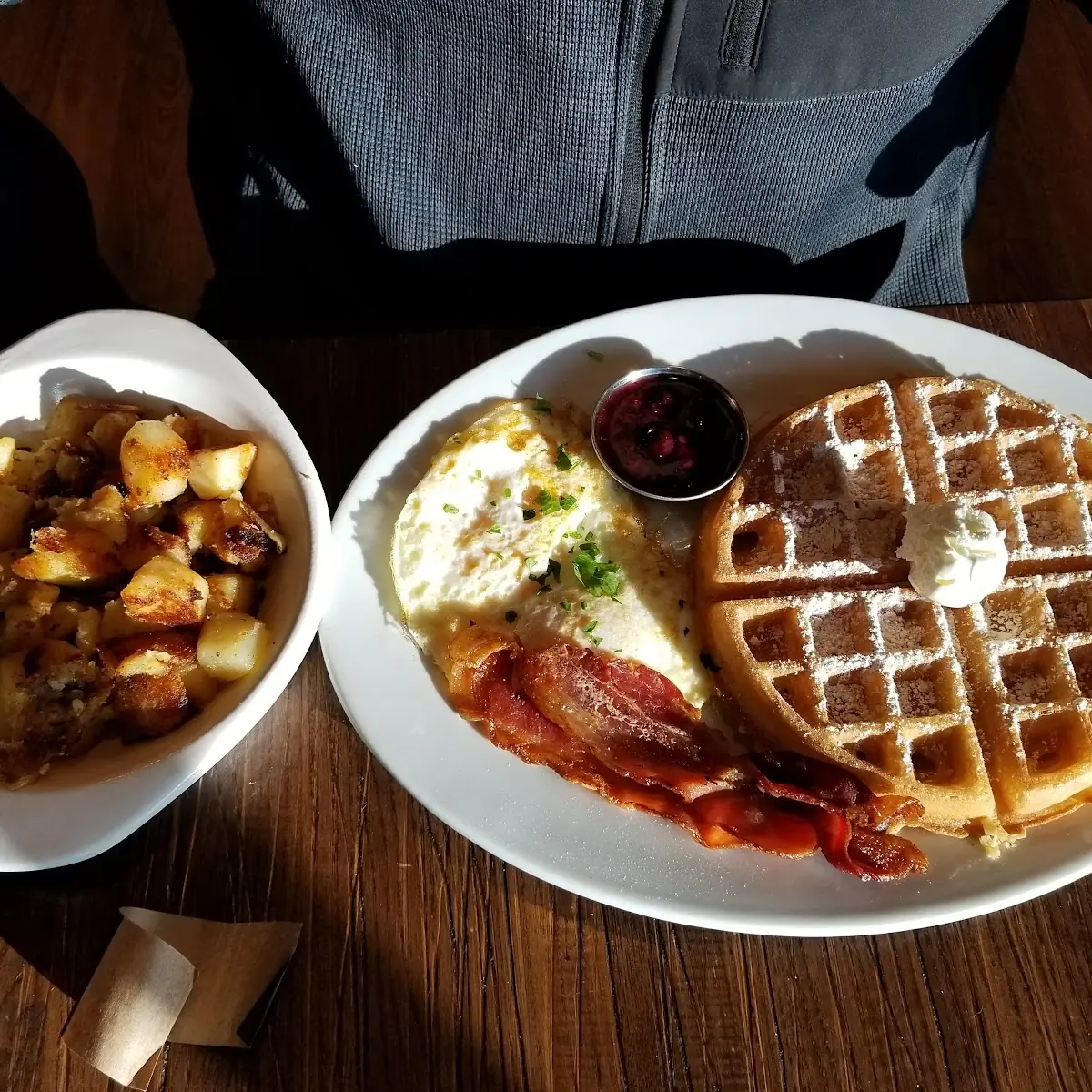 Waffle with Bacon and Hash Browns