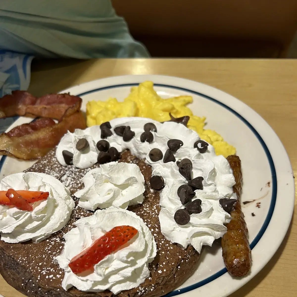 Happy Face Chocolate Chip Pancake with Bacon at IHOP