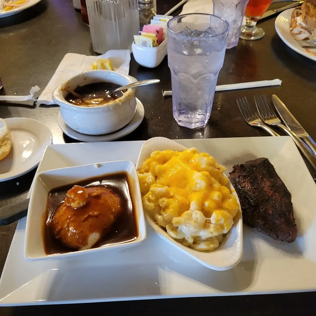 Angus Steak with Mac N Cheese and Mashed Potatoes