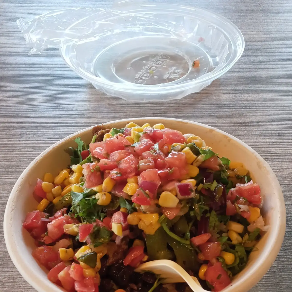 Burrito Bowl with Brisket Rice Mango Corn and Pico Salsa Plus Cilantro