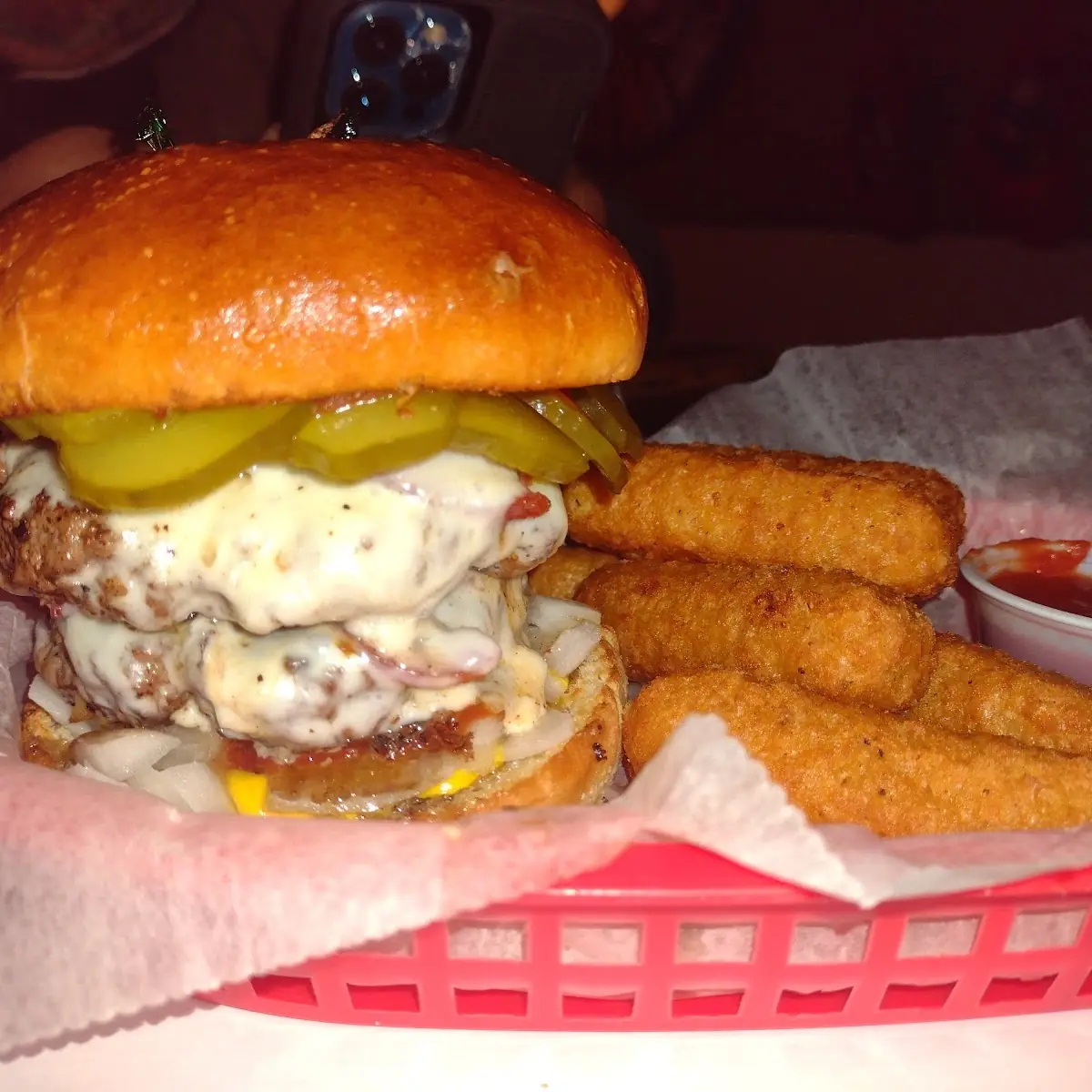 Double Cheeseburger Everything w Swiss and Mozzarella Sticks