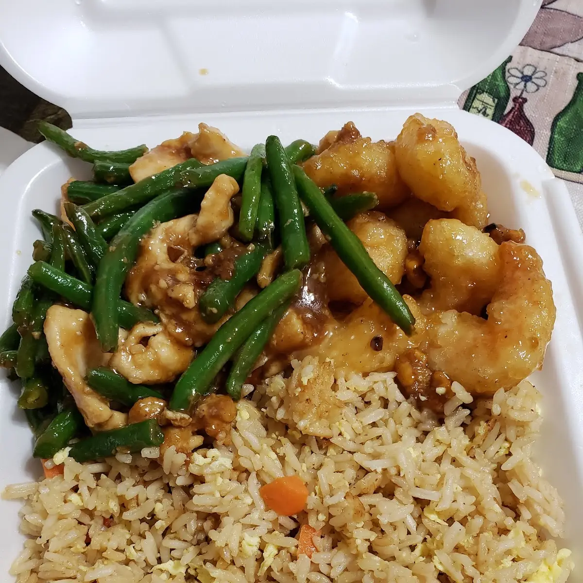 Chicken and String Beans Fried Rice and Sweet Shrimp