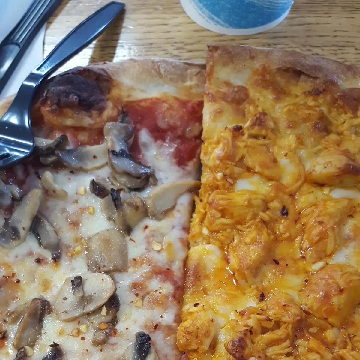 Buffalo Chicken Pizza & Mushroom Pizza