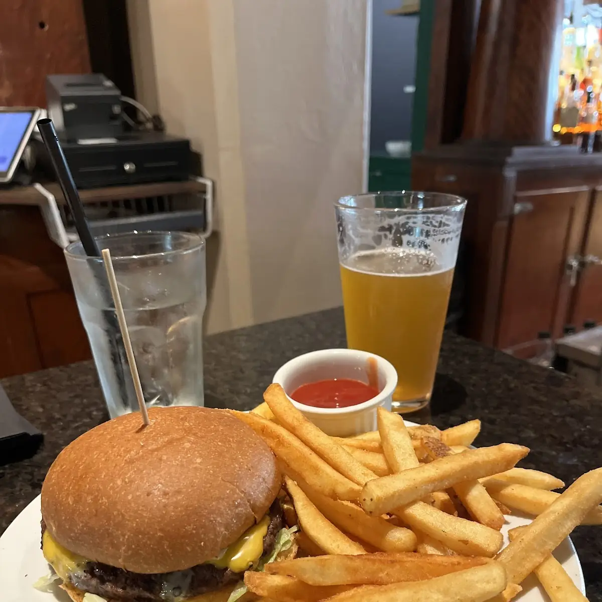 Cheeseburger with Fries and Pickles