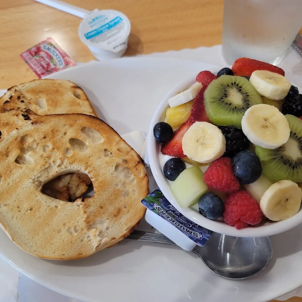 Greek Yogurt with Fresh Fruit and a Bagel